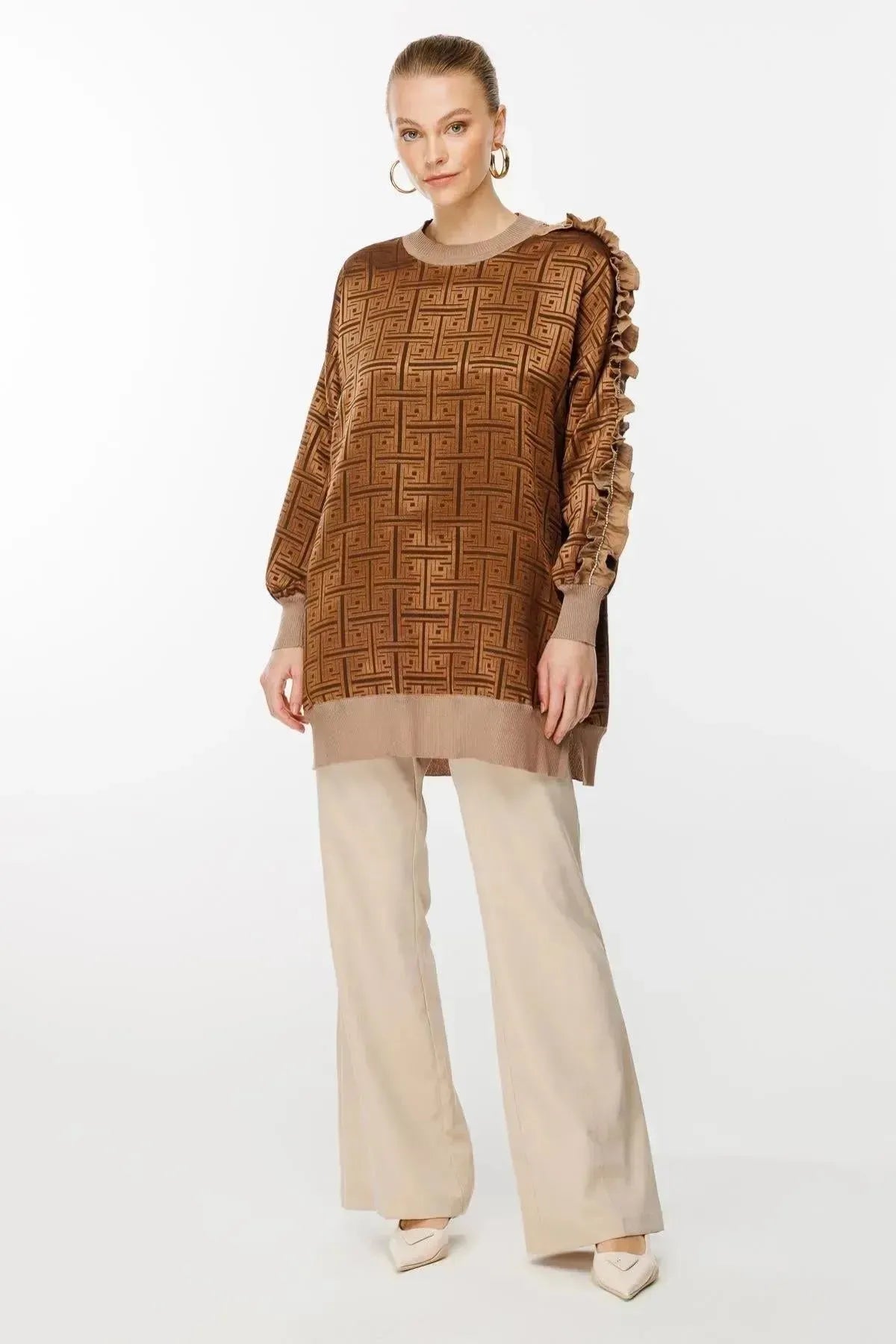 Tunic with Self-Patterned Sleeve Ruffle and Stone Detail