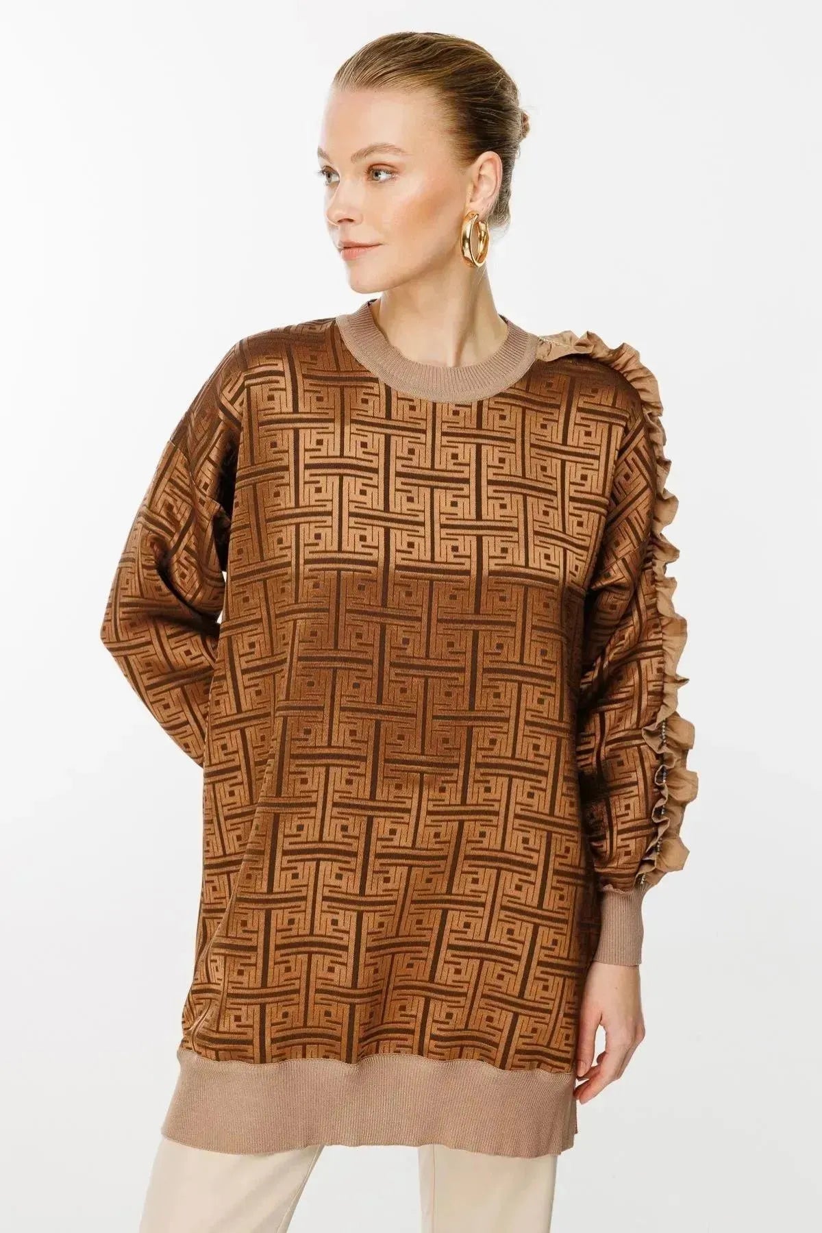 Tunic with Self-Patterned Sleeve Ruffle and Stone Detail