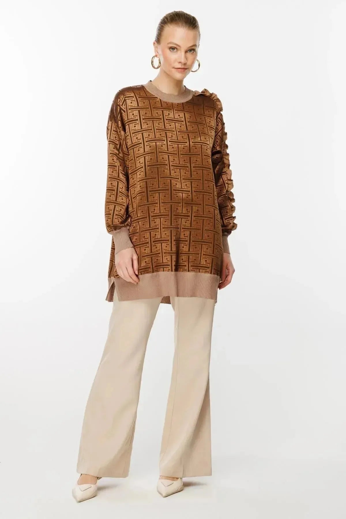 Tunic with Self-Patterned Sleeve Ruffle and Stone Detail