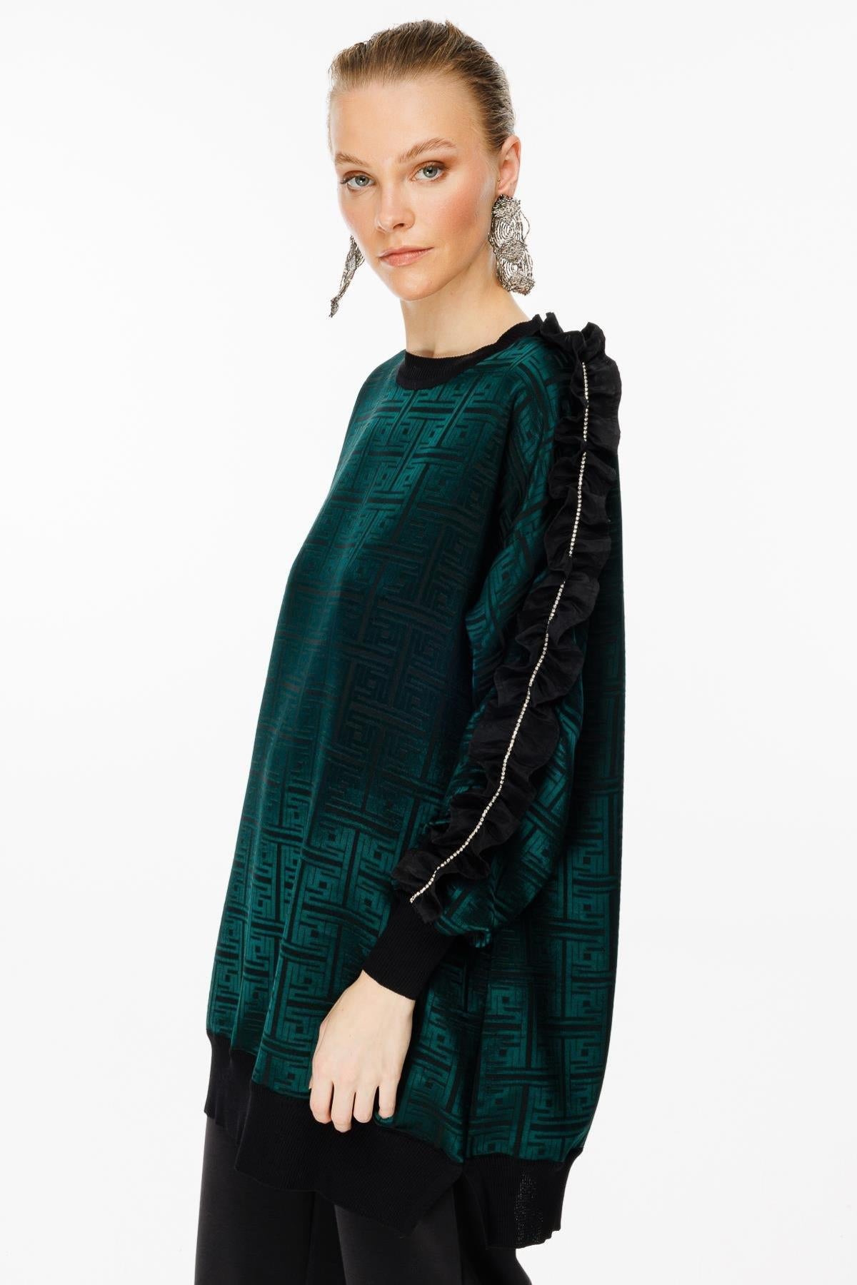 Tunic with Self-Patterned Sleeve Ruffle and Stone Detail