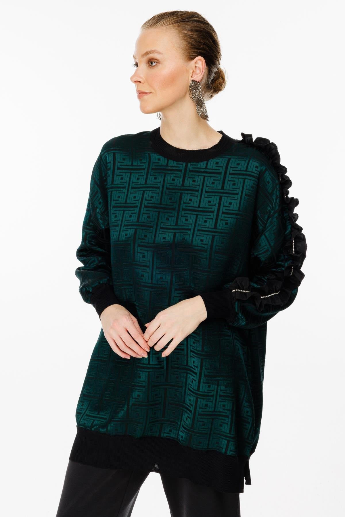 Tunic with Self-Patterned Sleeve Ruffle and Stone Detail