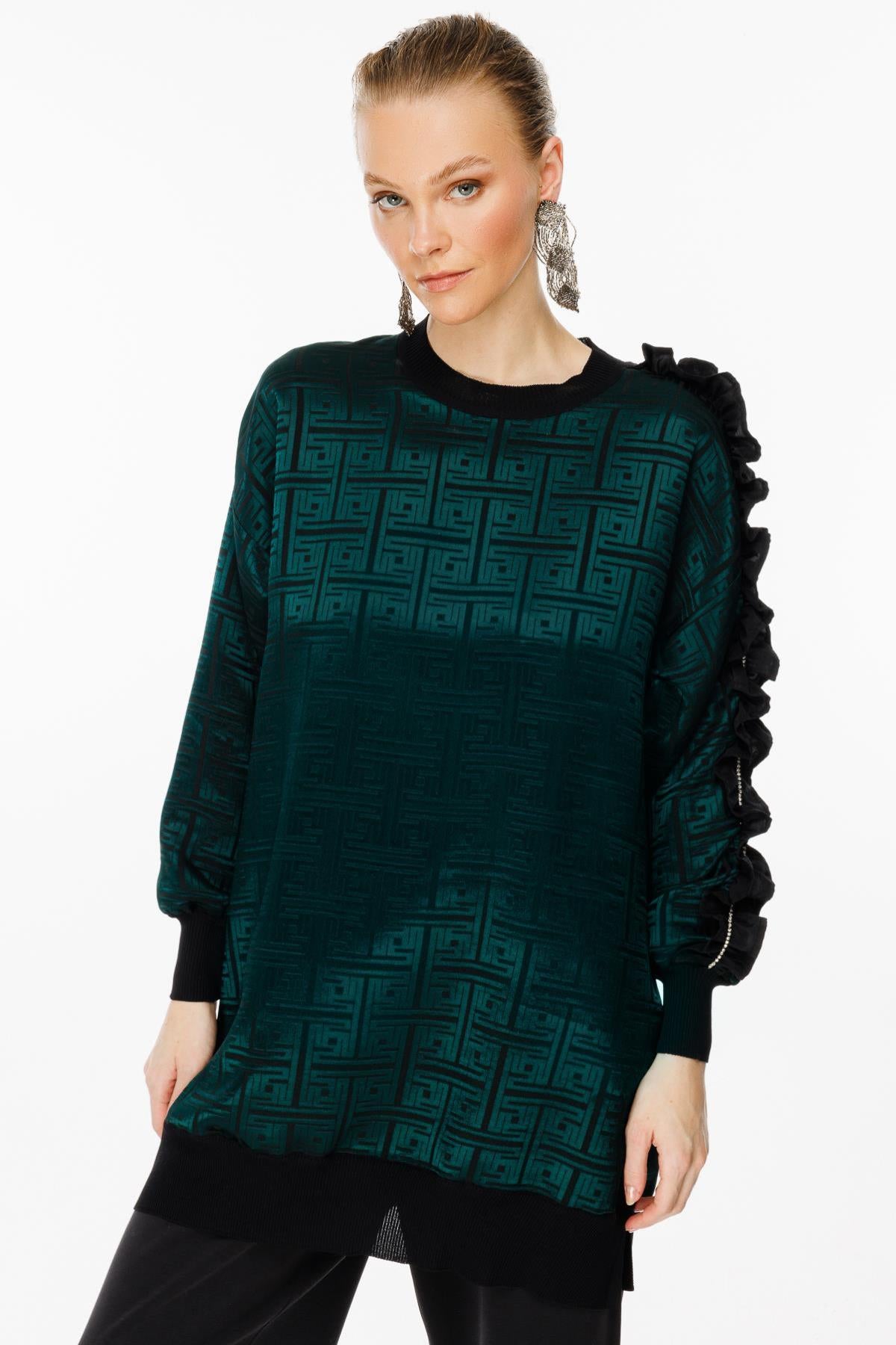 Tunic with Self-Patterned Sleeve Ruffle and Stone Detail