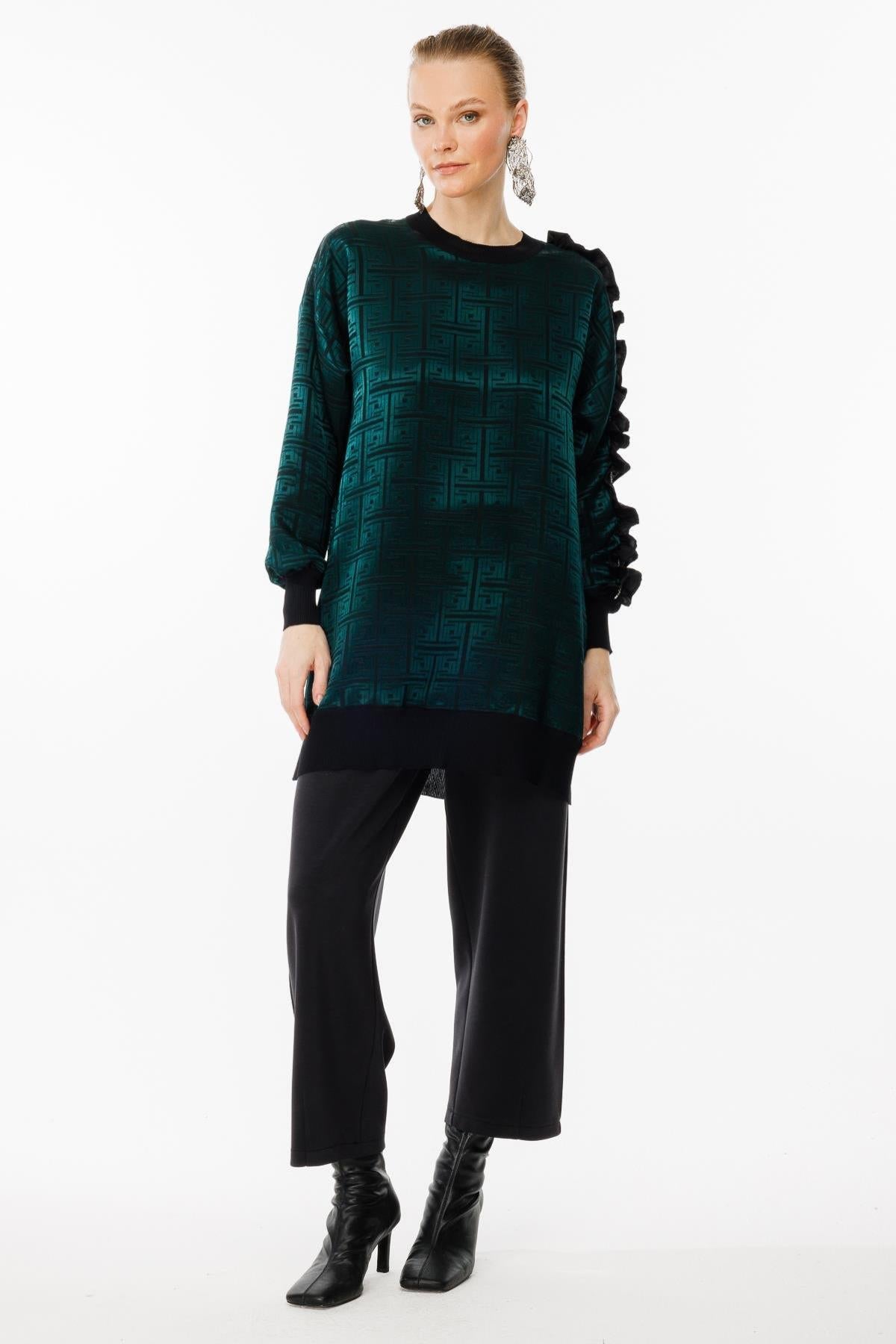 Tunic with Self-Patterned Sleeve Ruffle and Stone Detail
