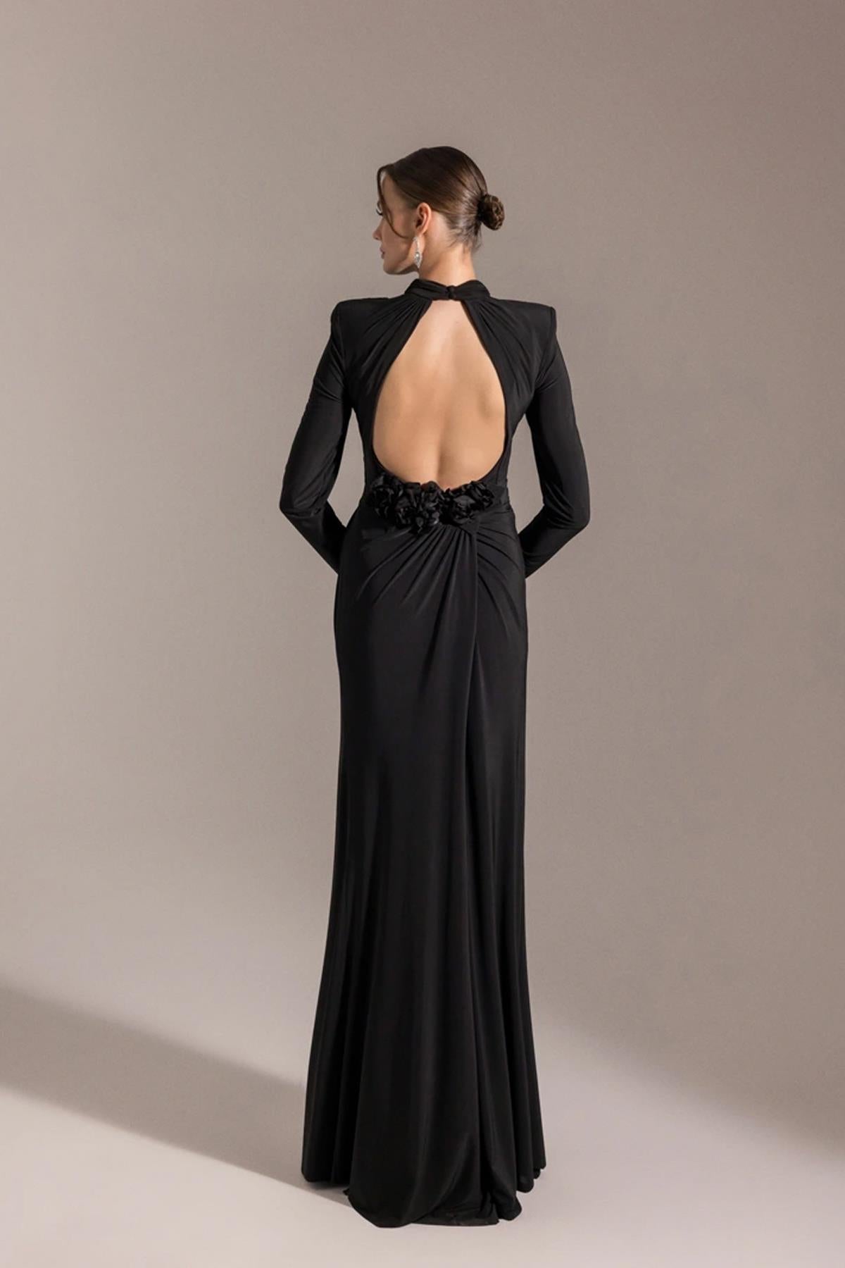 Flower Detailed Slit Evening Dress