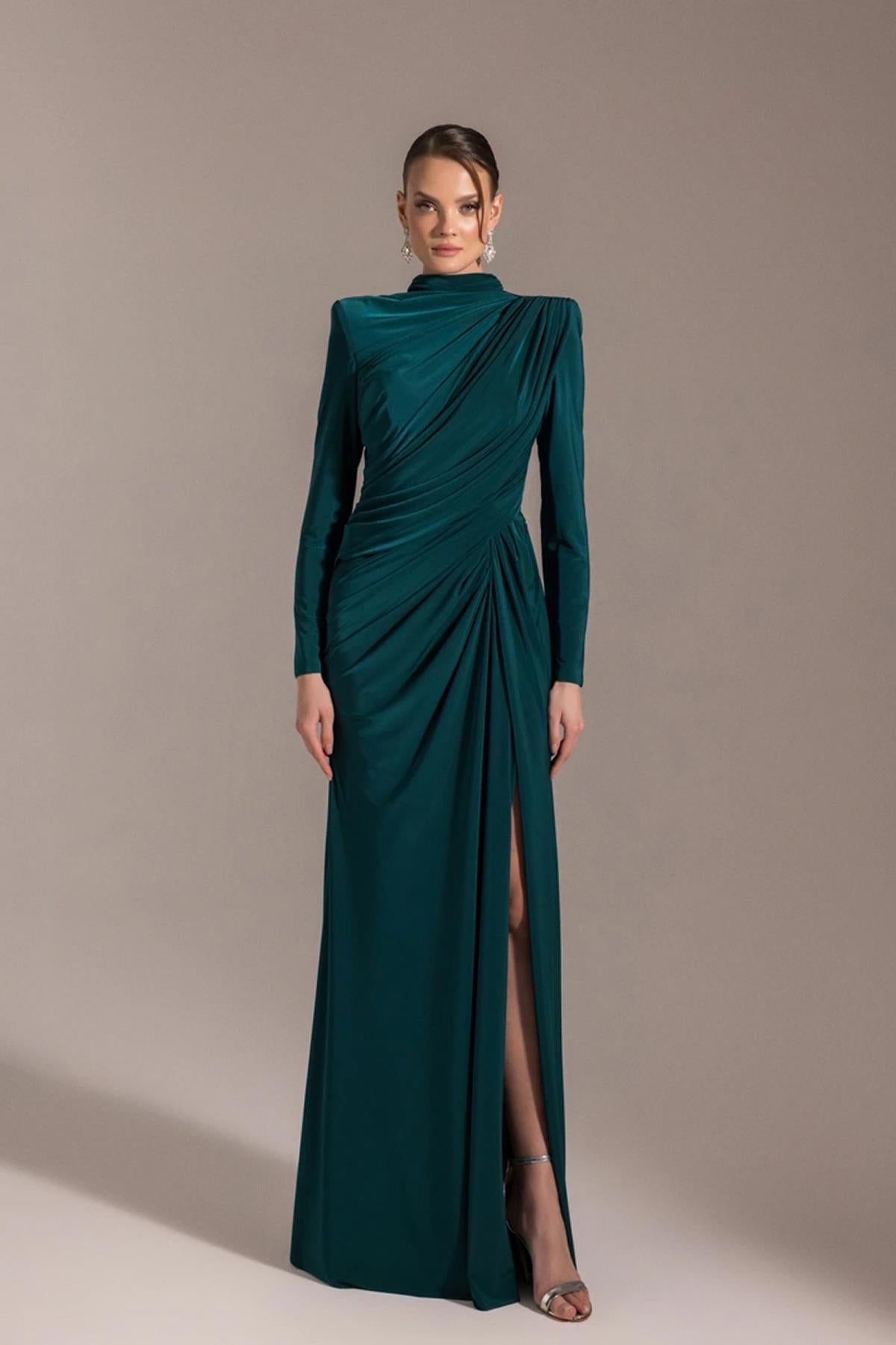 Flower Detailed Slit Evening Dress