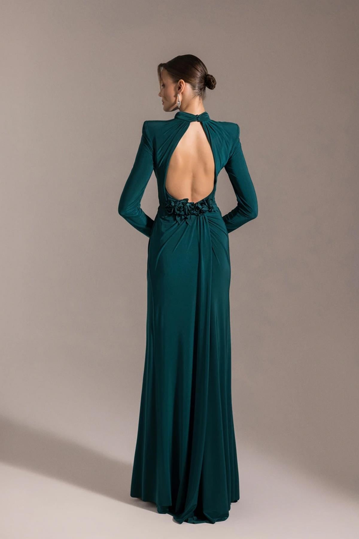 Flower Detailed Slit Evening Dress