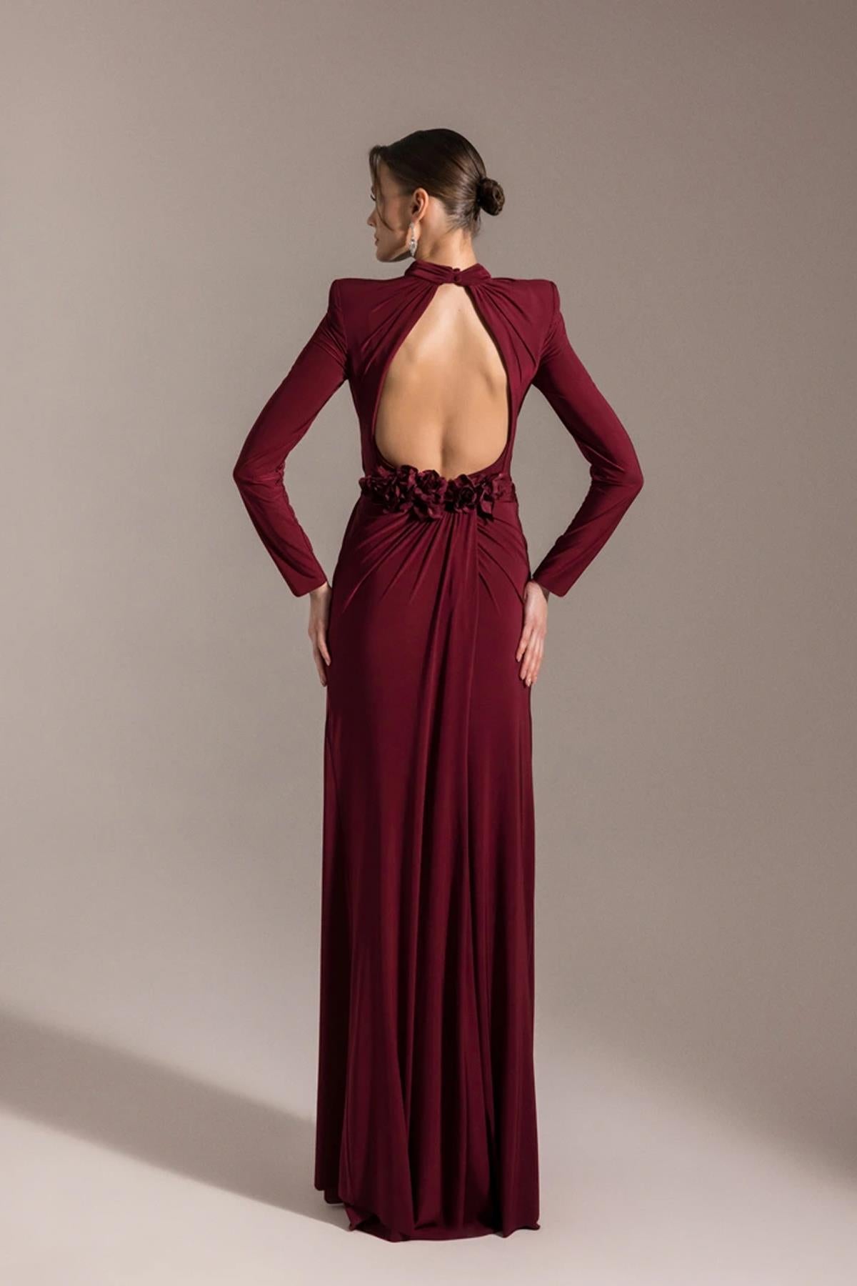 Flower Detailed Slit Evening Dress