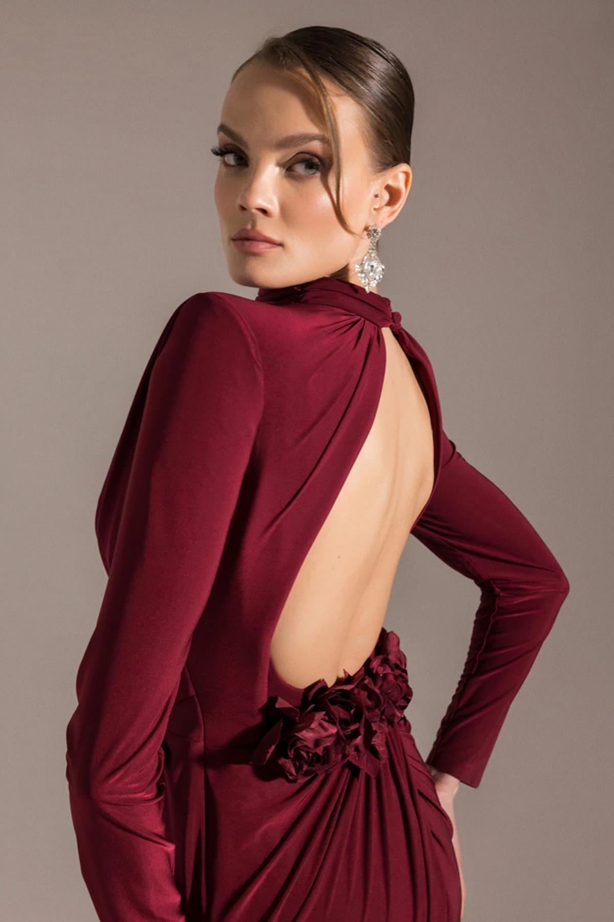 Flower Detailed Slit Evening Dress