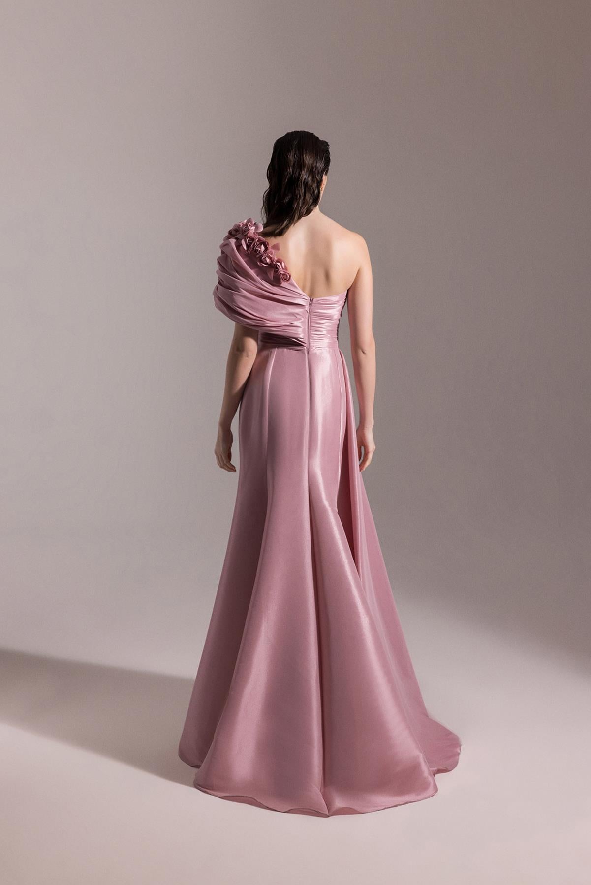 One Shoulder Flower Detailed Slit Evening Dress
