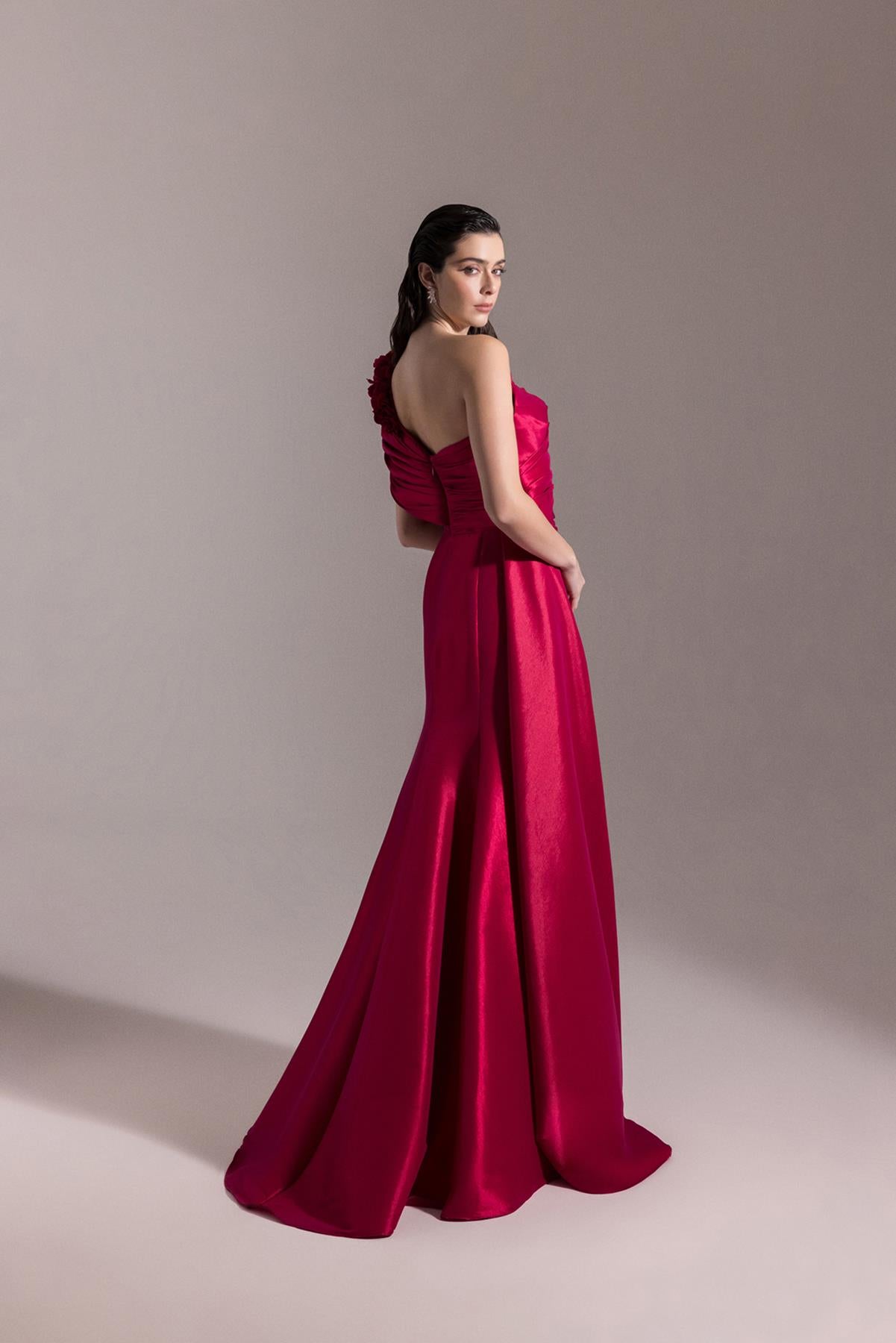 One Shoulder Flower Detailed Slit Evening Dress