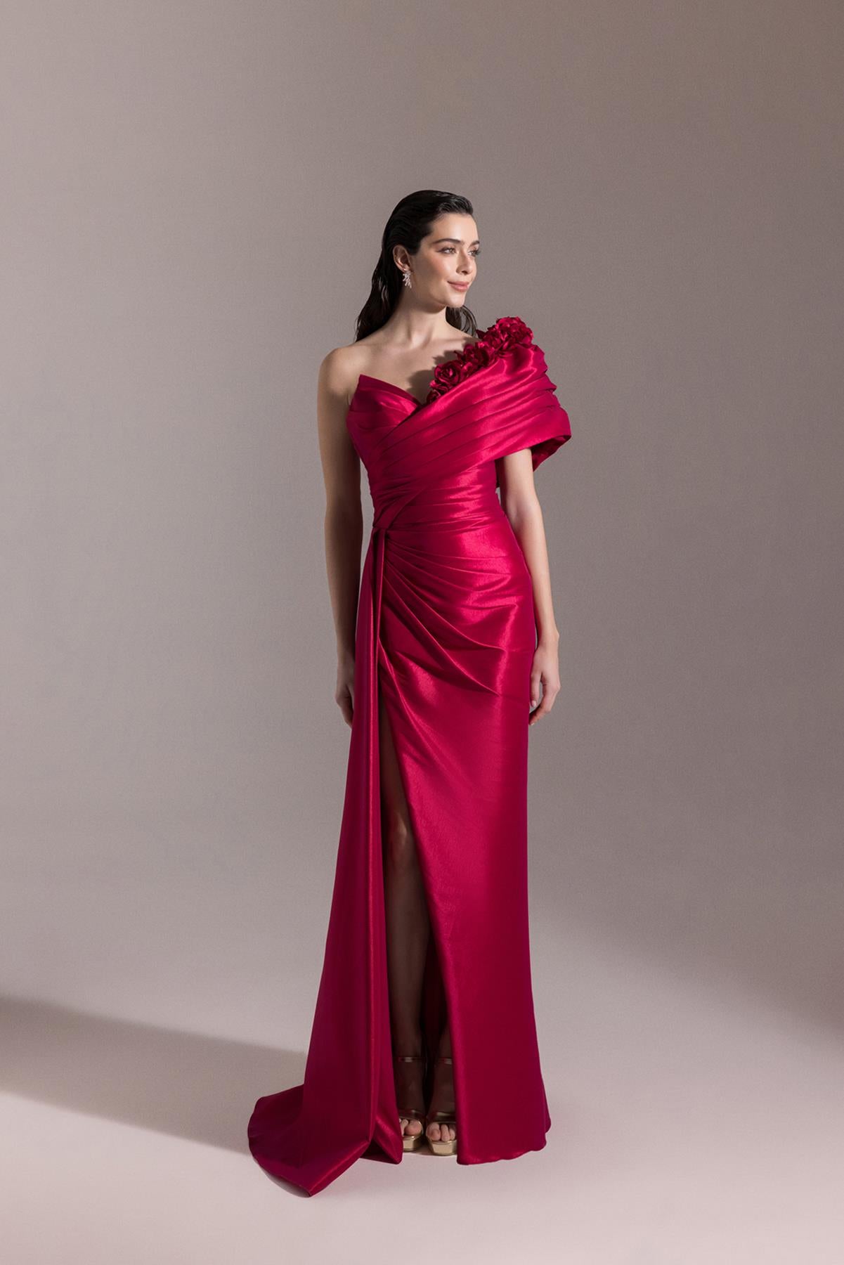 One Shoulder Flower Detailed Slit Evening Dress