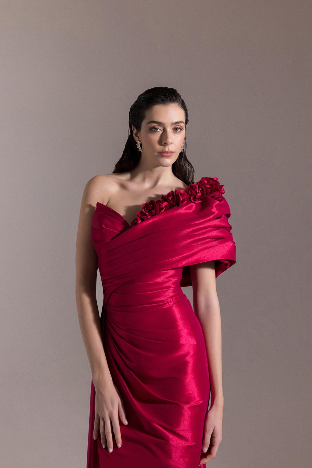 One Shoulder Flower Detailed Slit Evening Dress