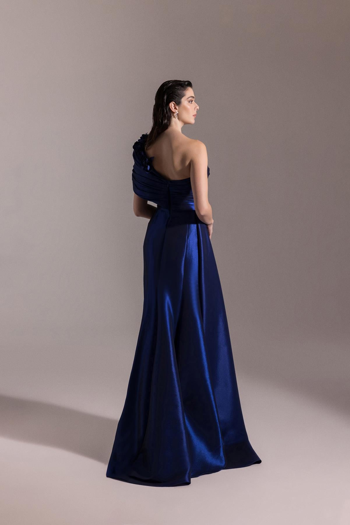 One Shoulder Flower Detailed Slit Evening Dress