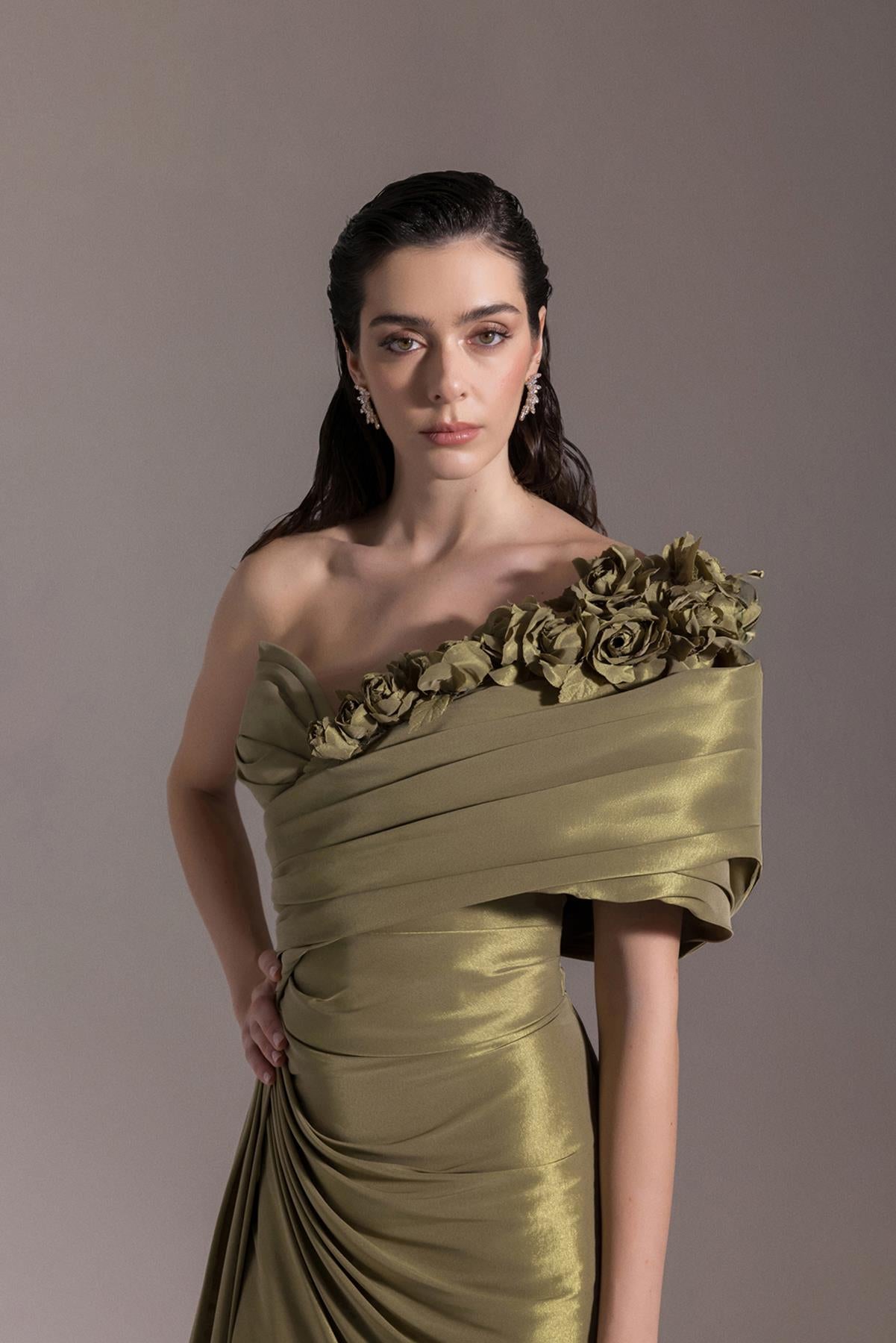 One Shoulder Flower Detailed Slit Evening Dress