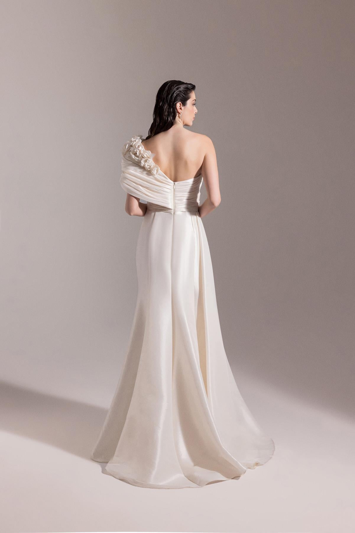 One Shoulder Flower Detailed Slit Evening Dress