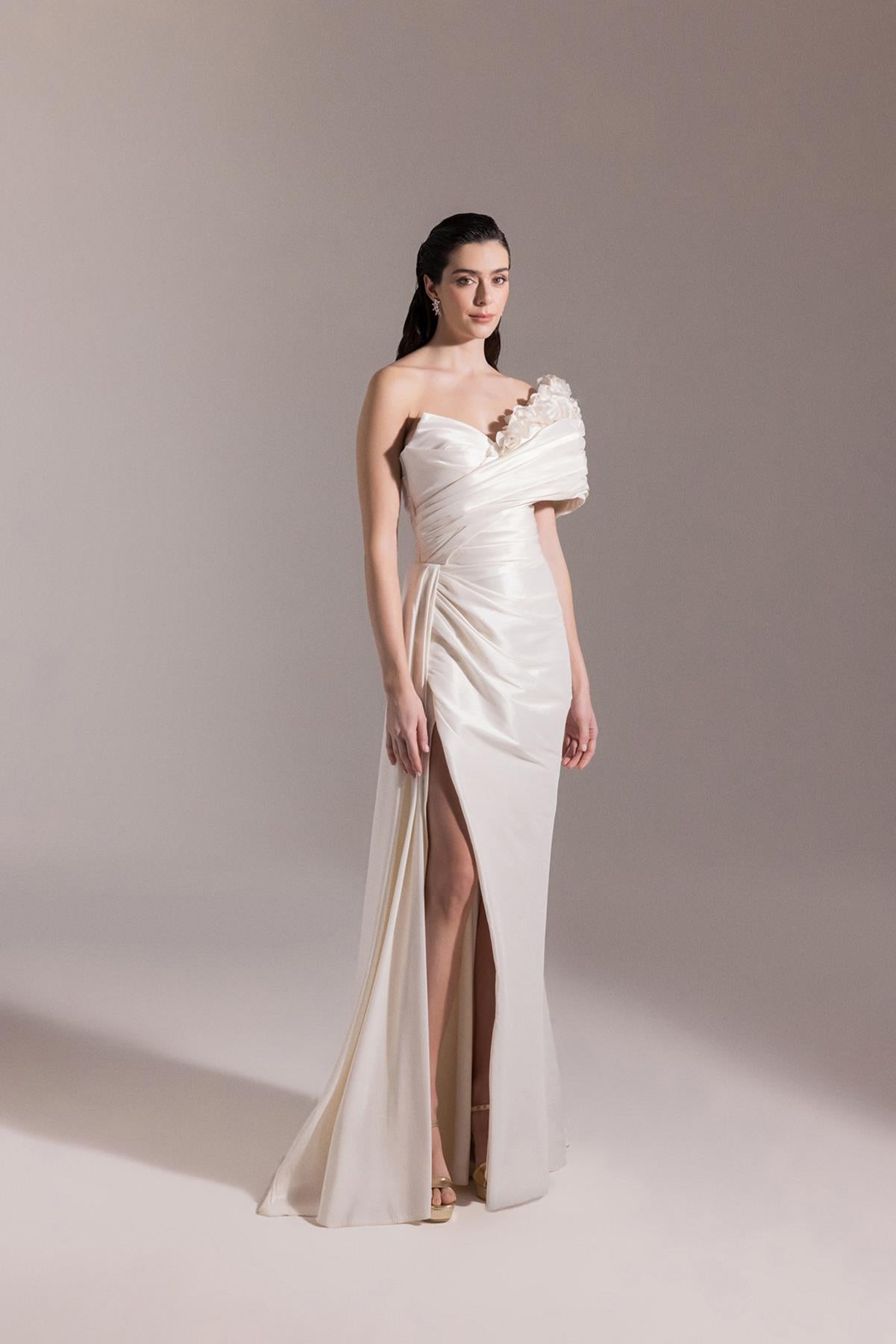 One Shoulder Flower Detailed Slit Evening Dress