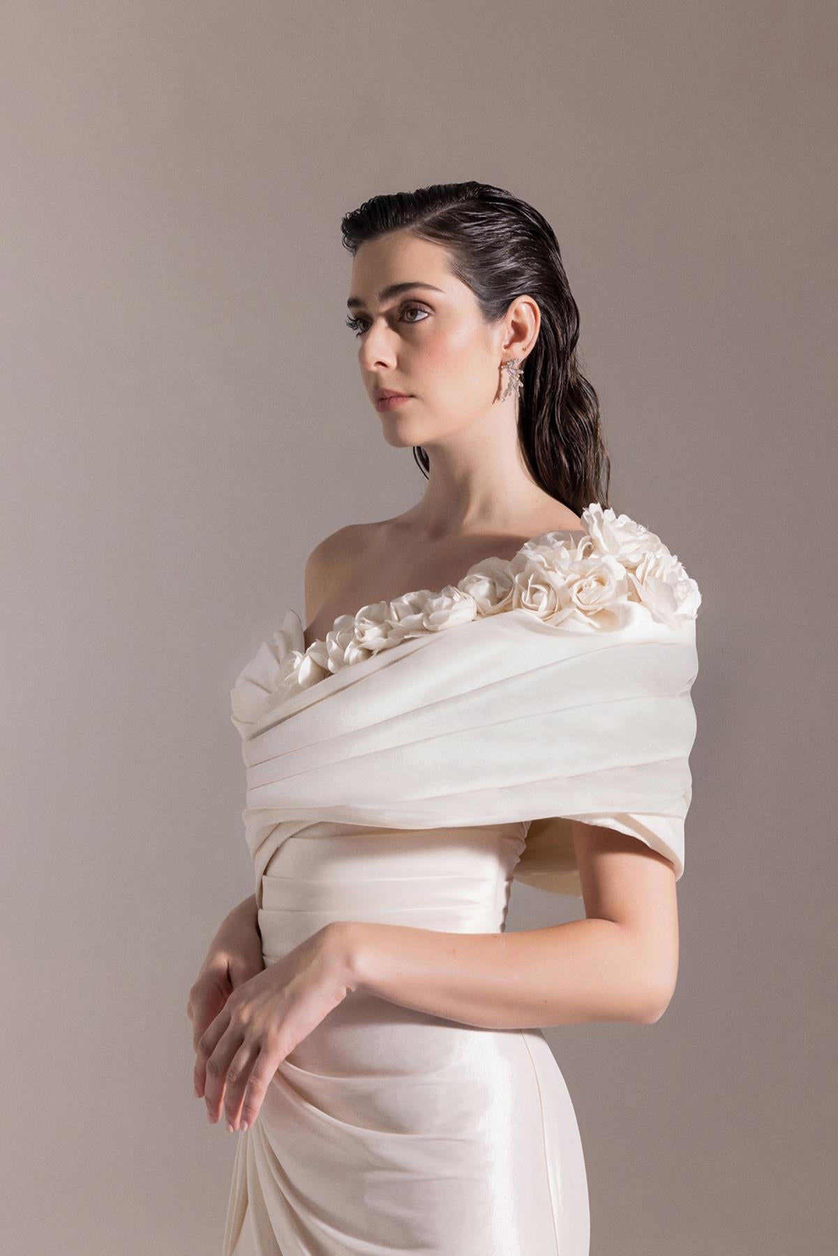 One Shoulder Flower Detailed Slit Evening Dress