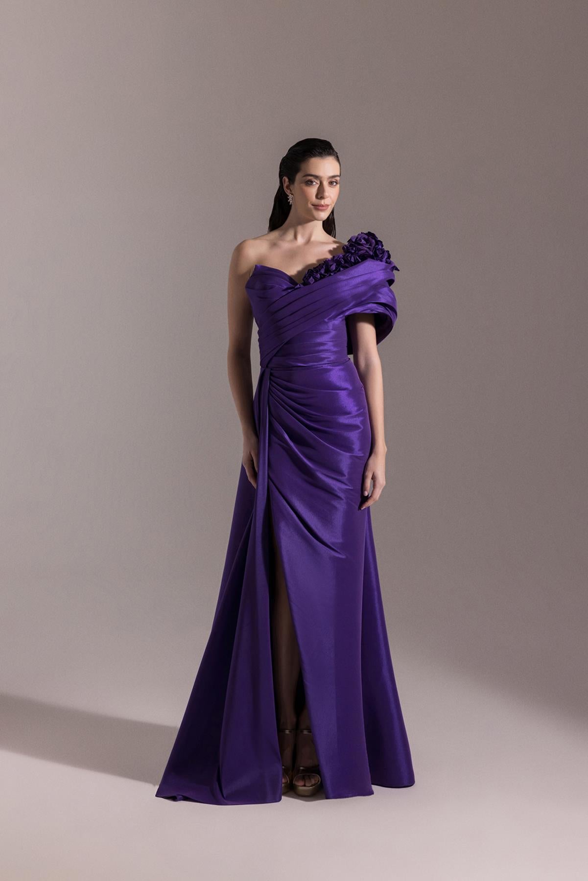 One Shoulder Flower Detailed Slit Evening Dress