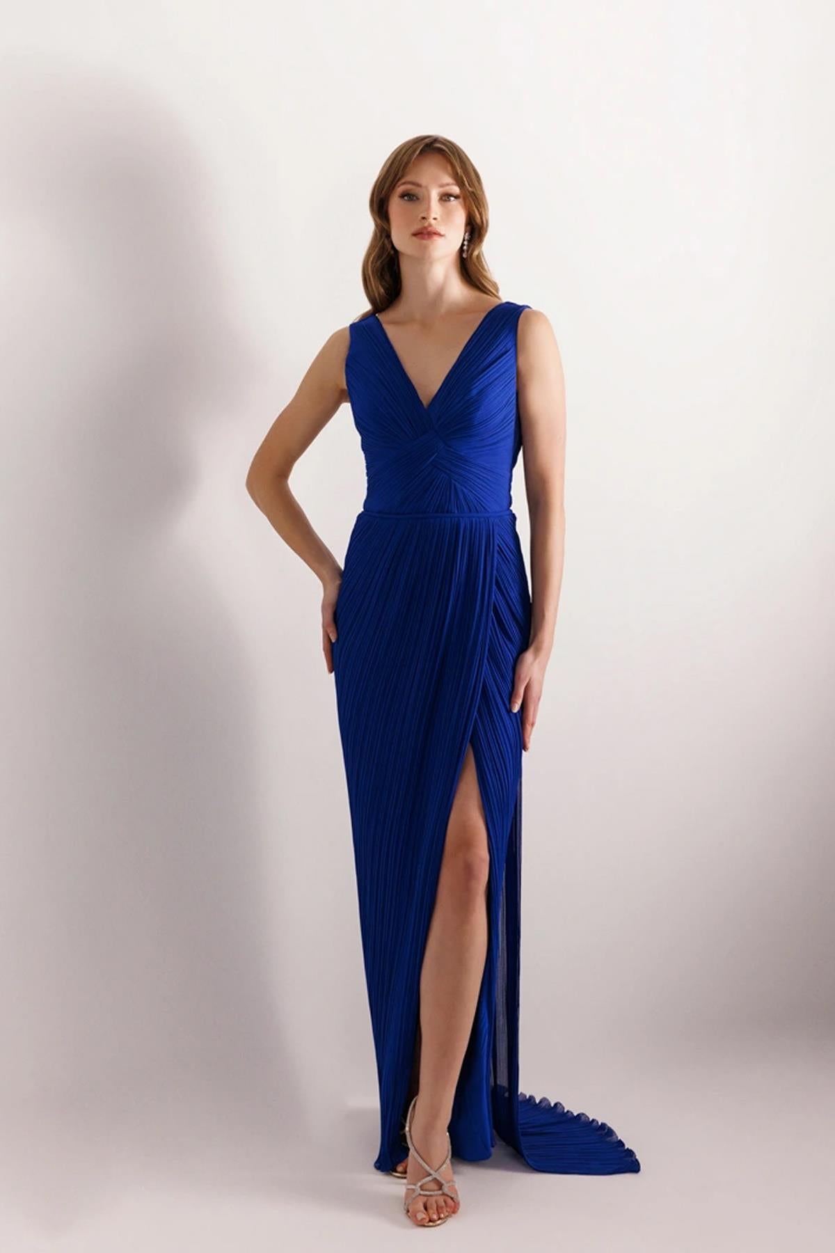 V Neck Chest Cross Drape Slit Tailed Evening Dress