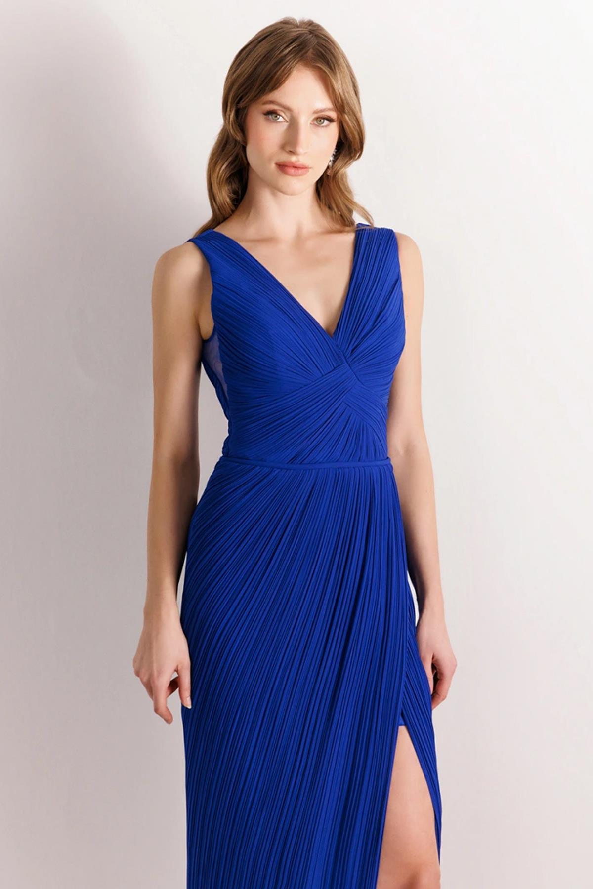 V Neck Chest Cross Drape Slit Tailed Evening Dress