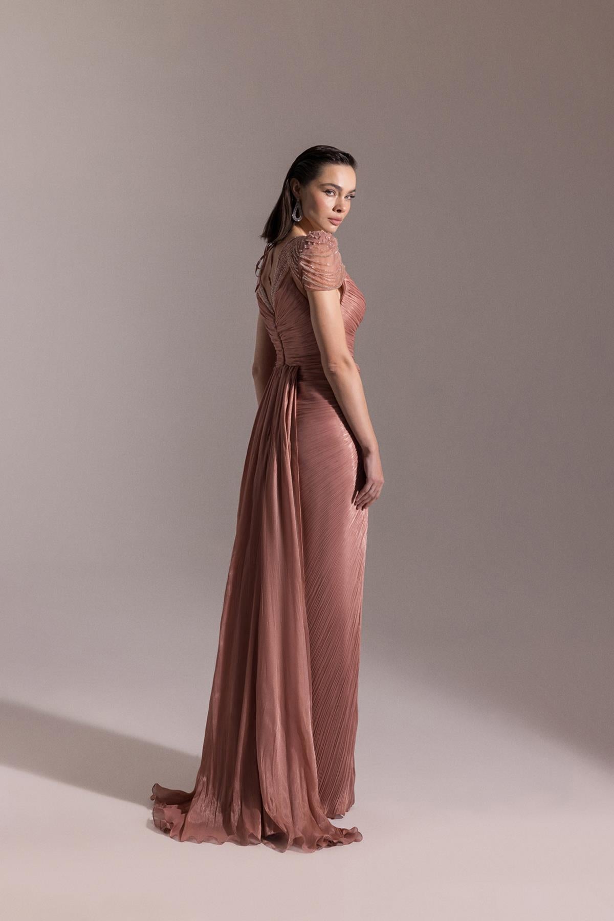 Shoulder Beaded Embroidered V Neck Front Slit Evening Dress