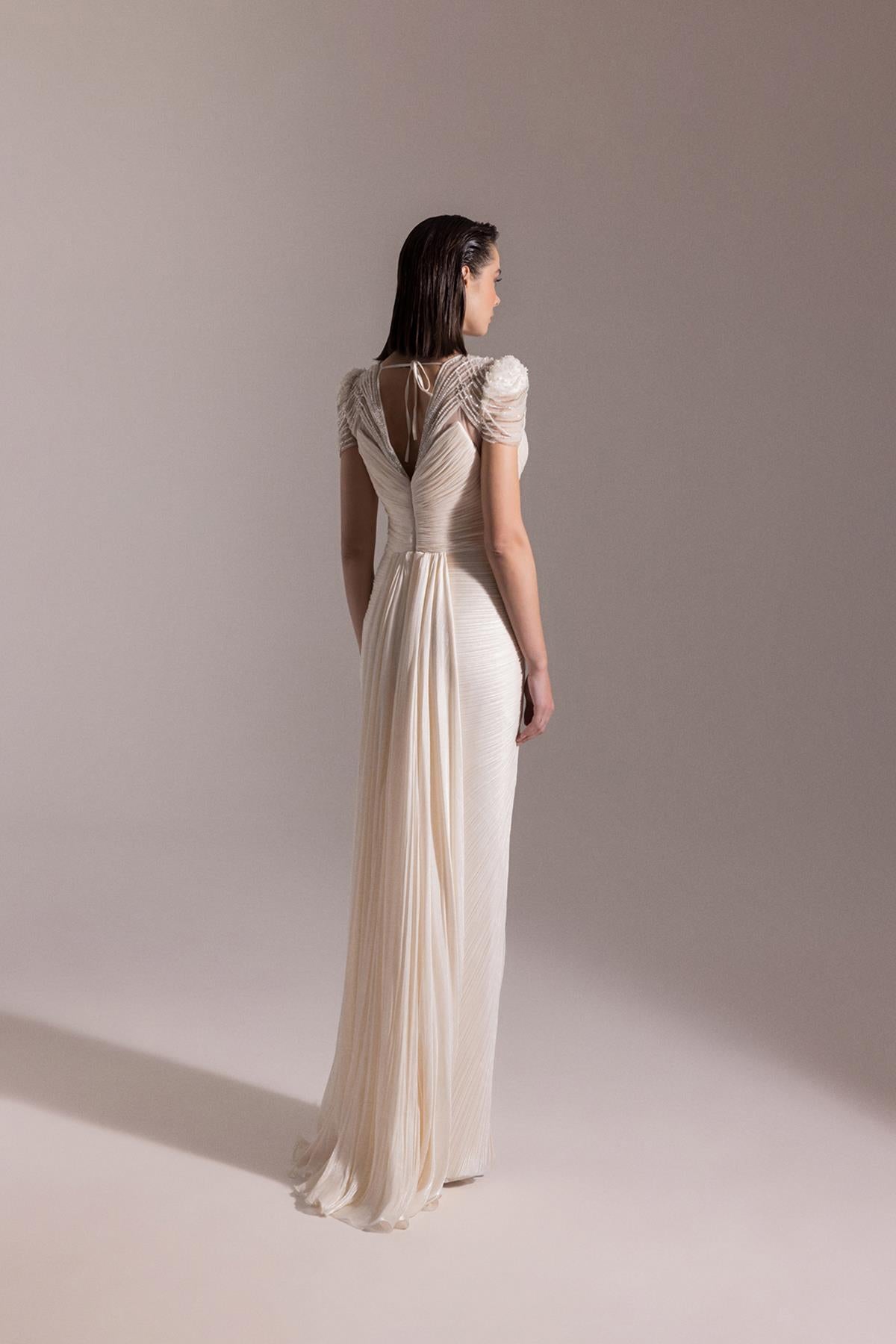 Shoulder Beaded Embroidered V Neck Front Slit Evening Dress