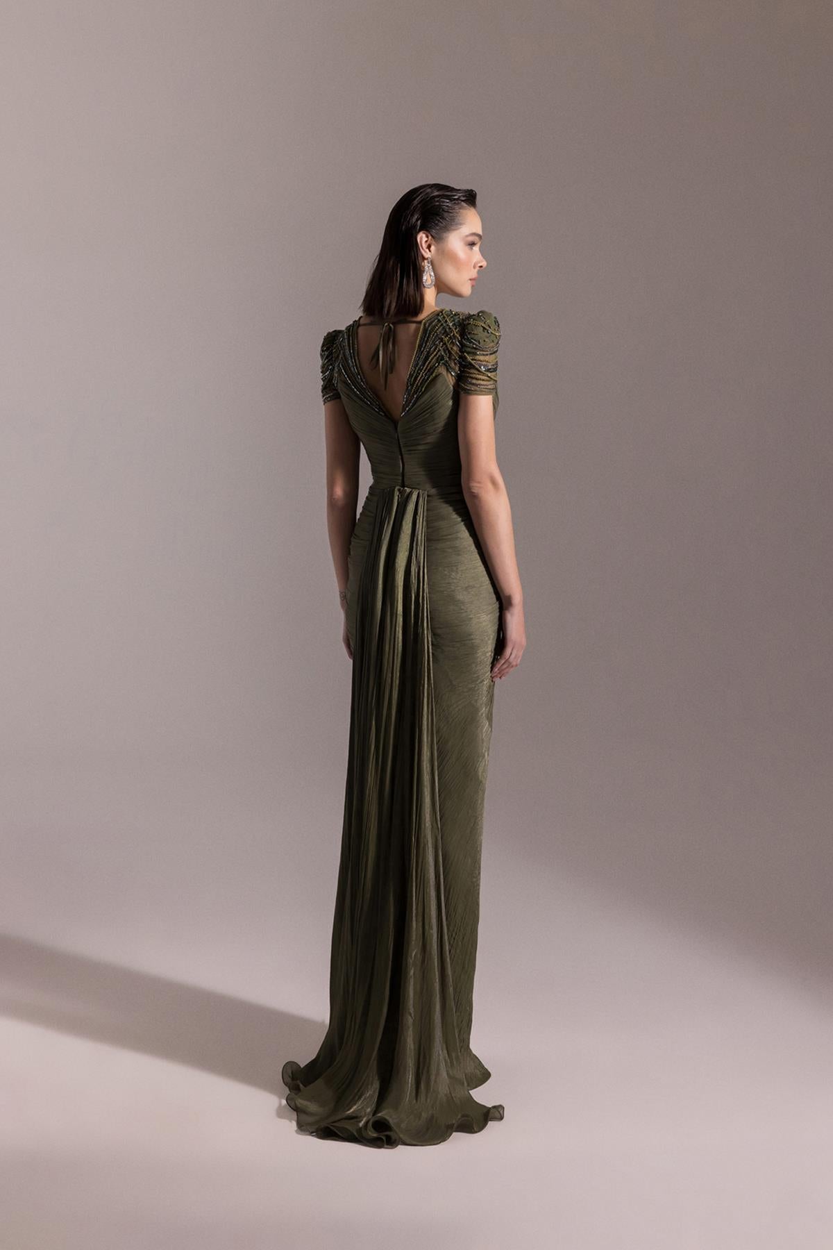 Shoulder Beaded Embroidered V Neck Front Slit Evening Dress