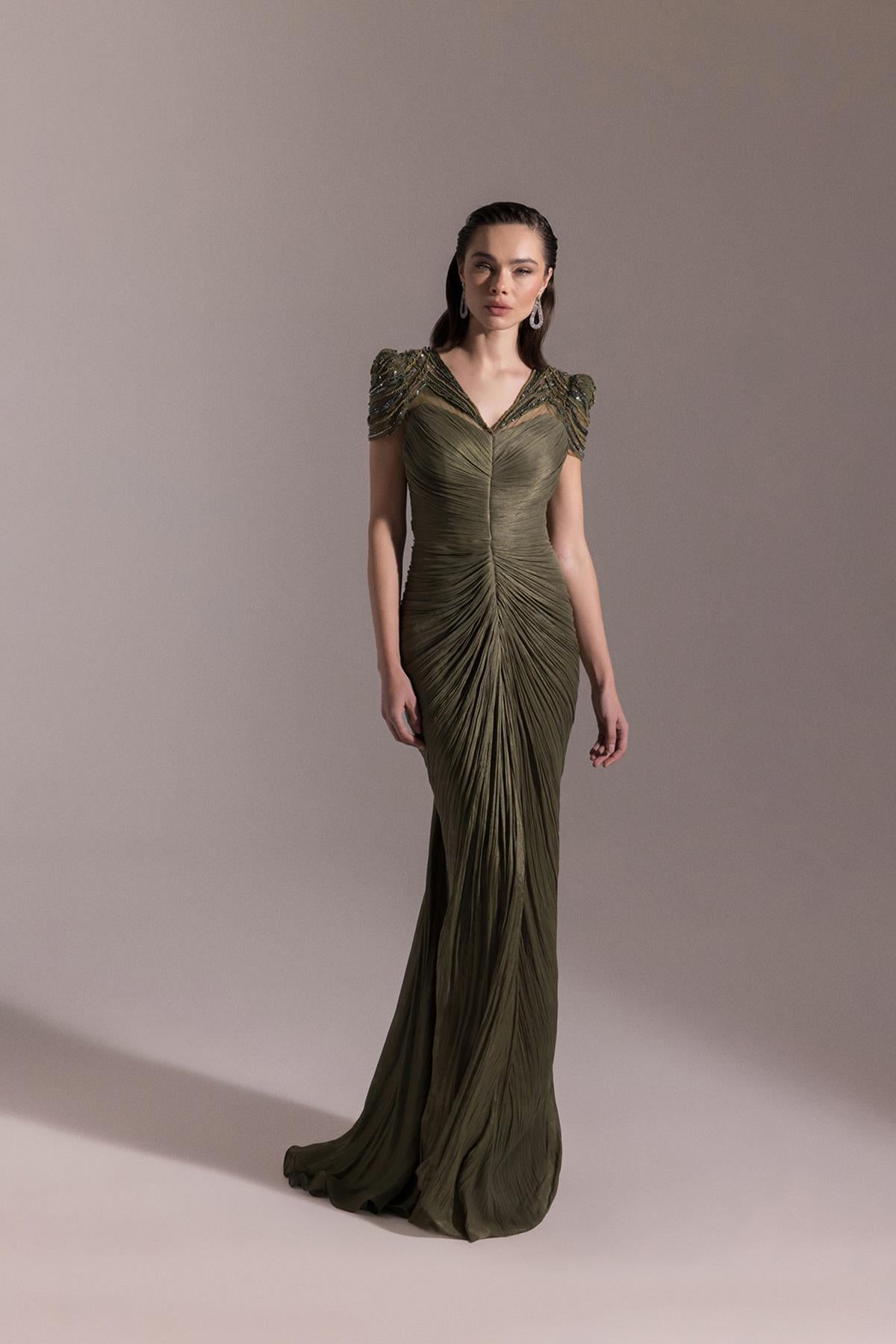 Shoulder Beaded Embroidered V Neck Front Slit Evening Dress