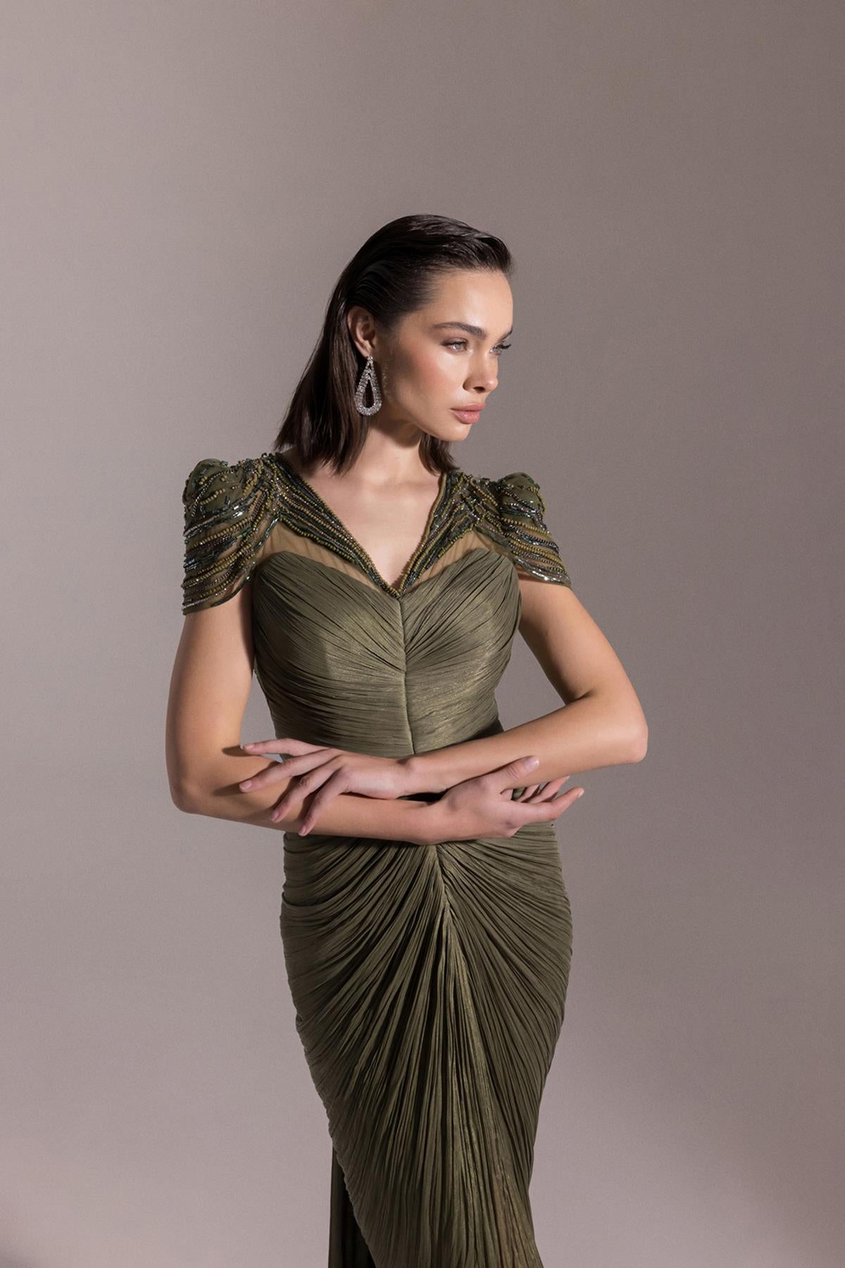 Shoulder Beaded Embroidered V Neck Front Slit Evening Dress