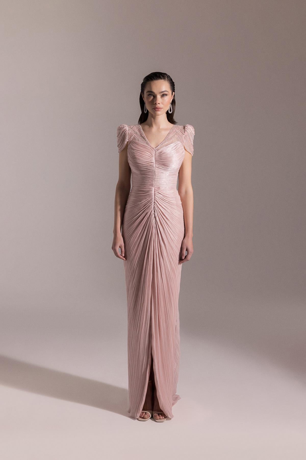 Shoulder Beaded Embroidered V Neck Front Slit Evening Dress