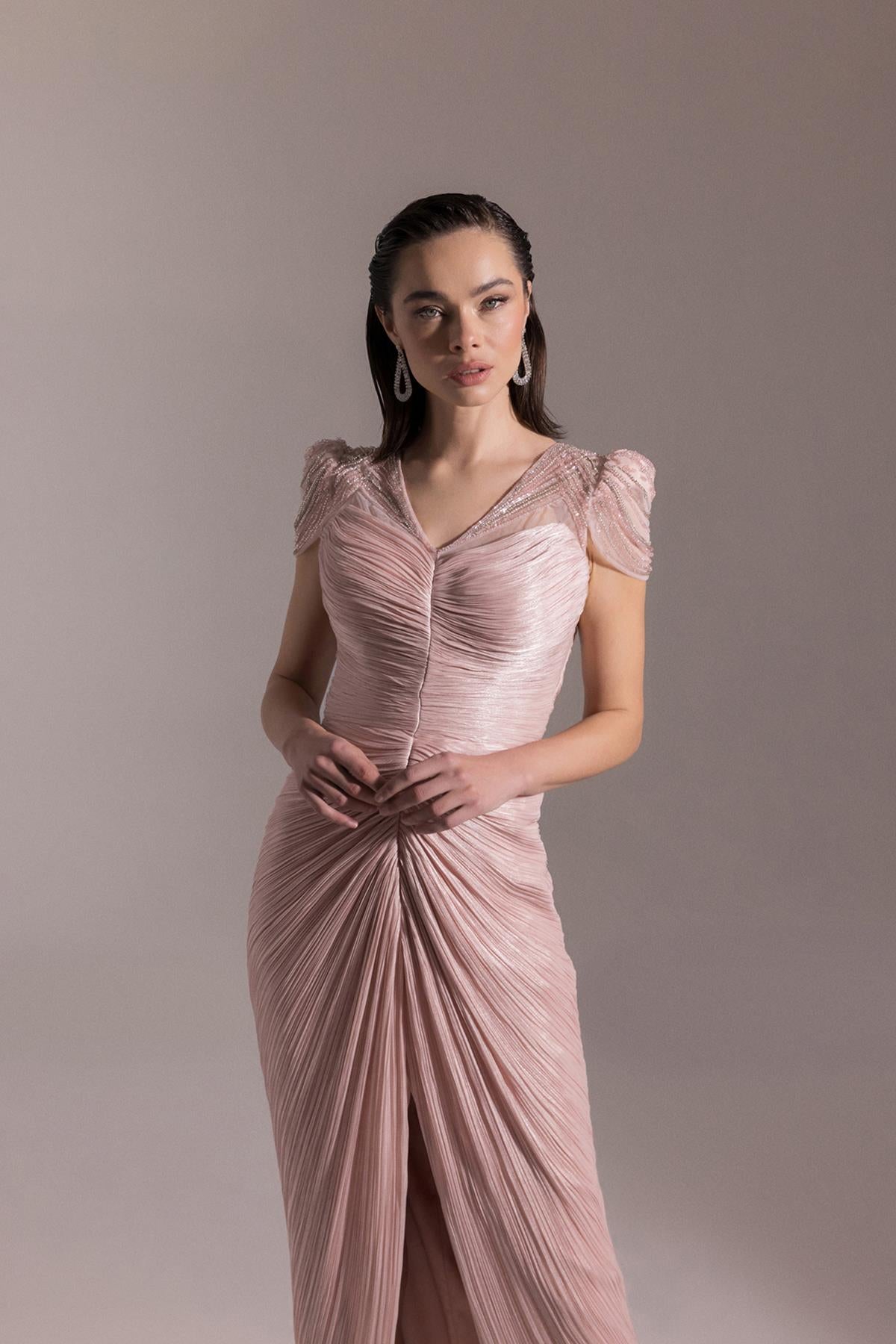 Shoulder Beaded Embroidered V Neck Front Slit Evening Dress