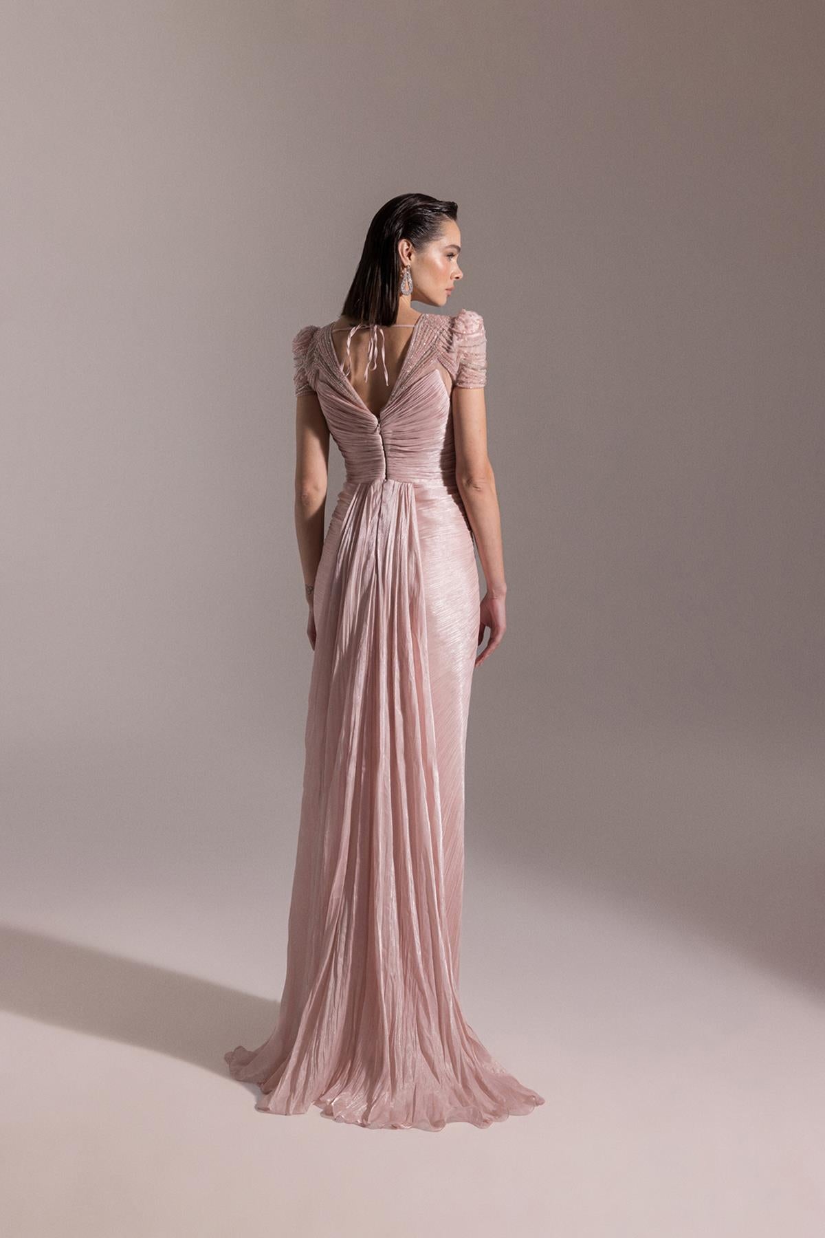 Shoulder Beaded Embroidered V Neck Front Slit Plus Size Evening Dress