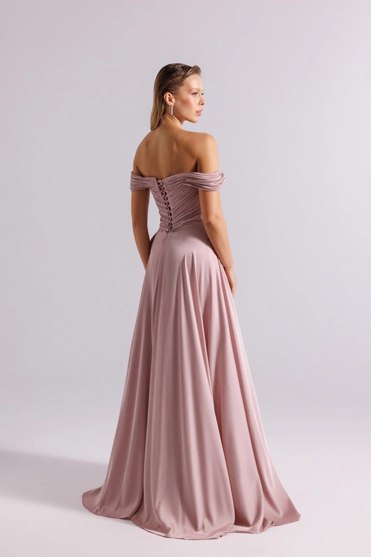 Flared Evening Dress with Transparent Embroidered Crepe Detail and Underskirt
