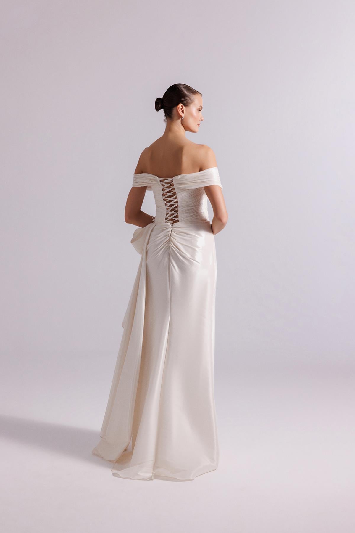 Off Shoulder Waist Bow Detail Evening Dress