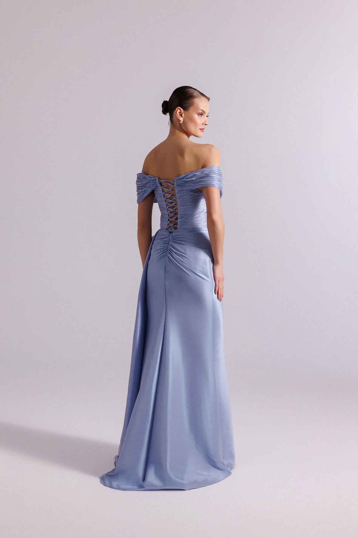 Off Shoulder Waist Bow Detail Evening Dress
