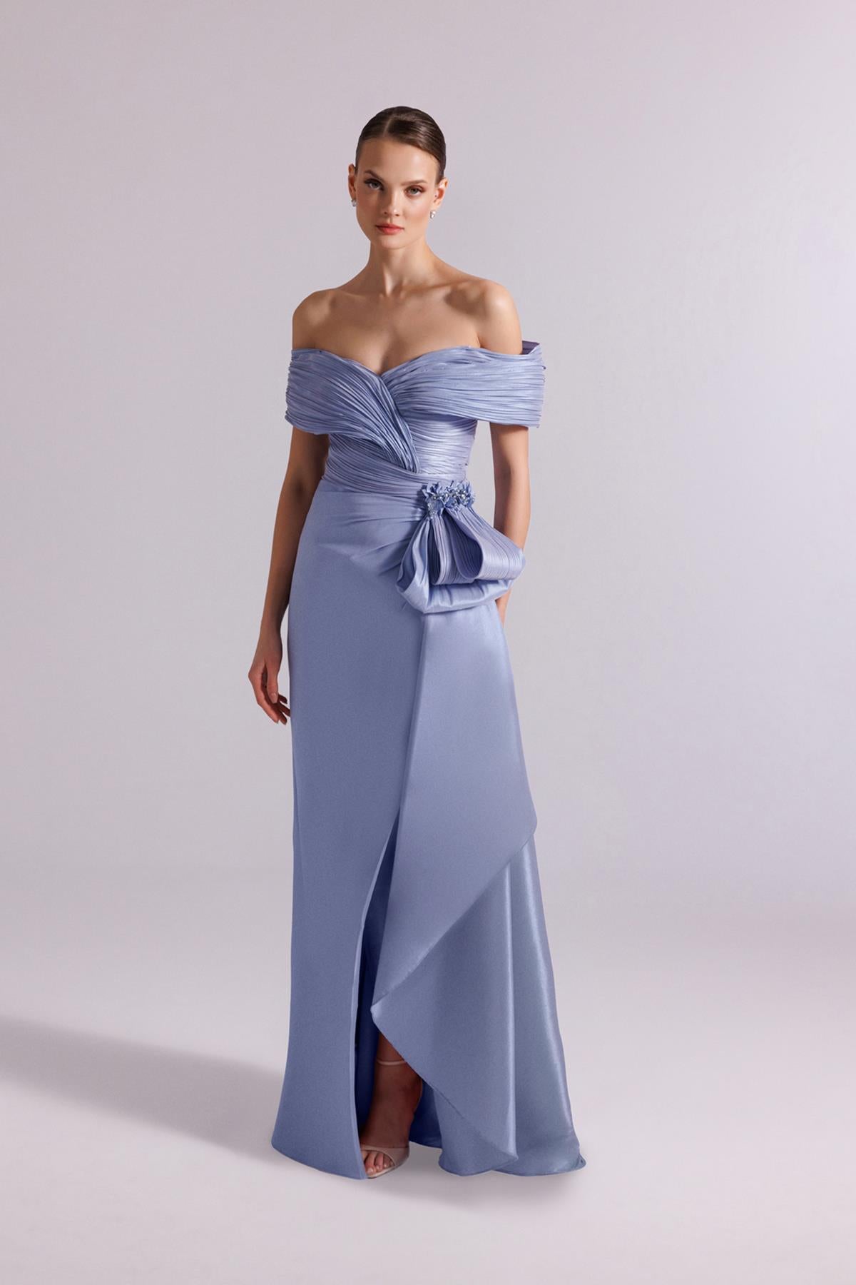Off Shoulder Waist Bow Detail Evening Dress