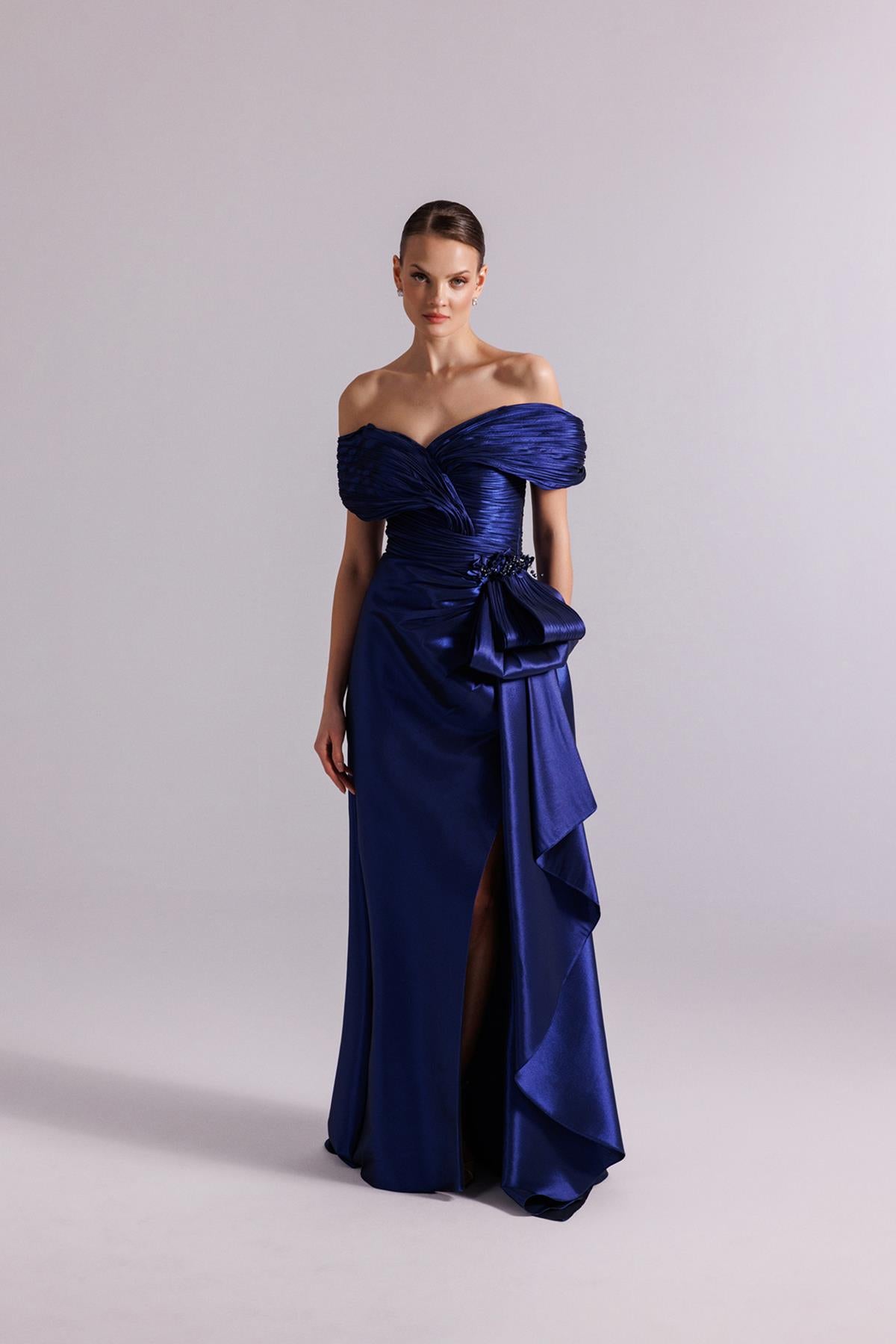 Off Shoulder Waist Bow Detail Evening Dress