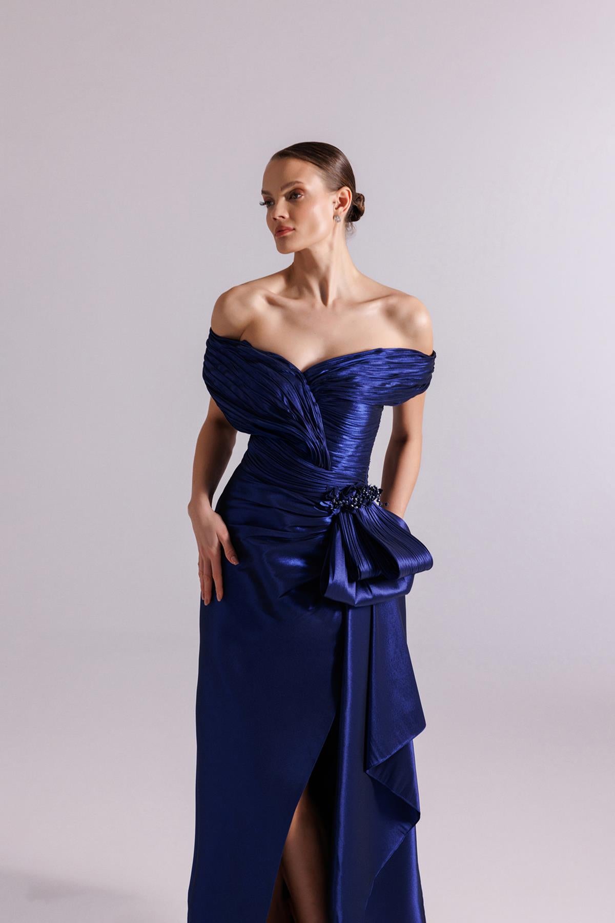 Off Shoulder Waist Bow Detail Evening Dress