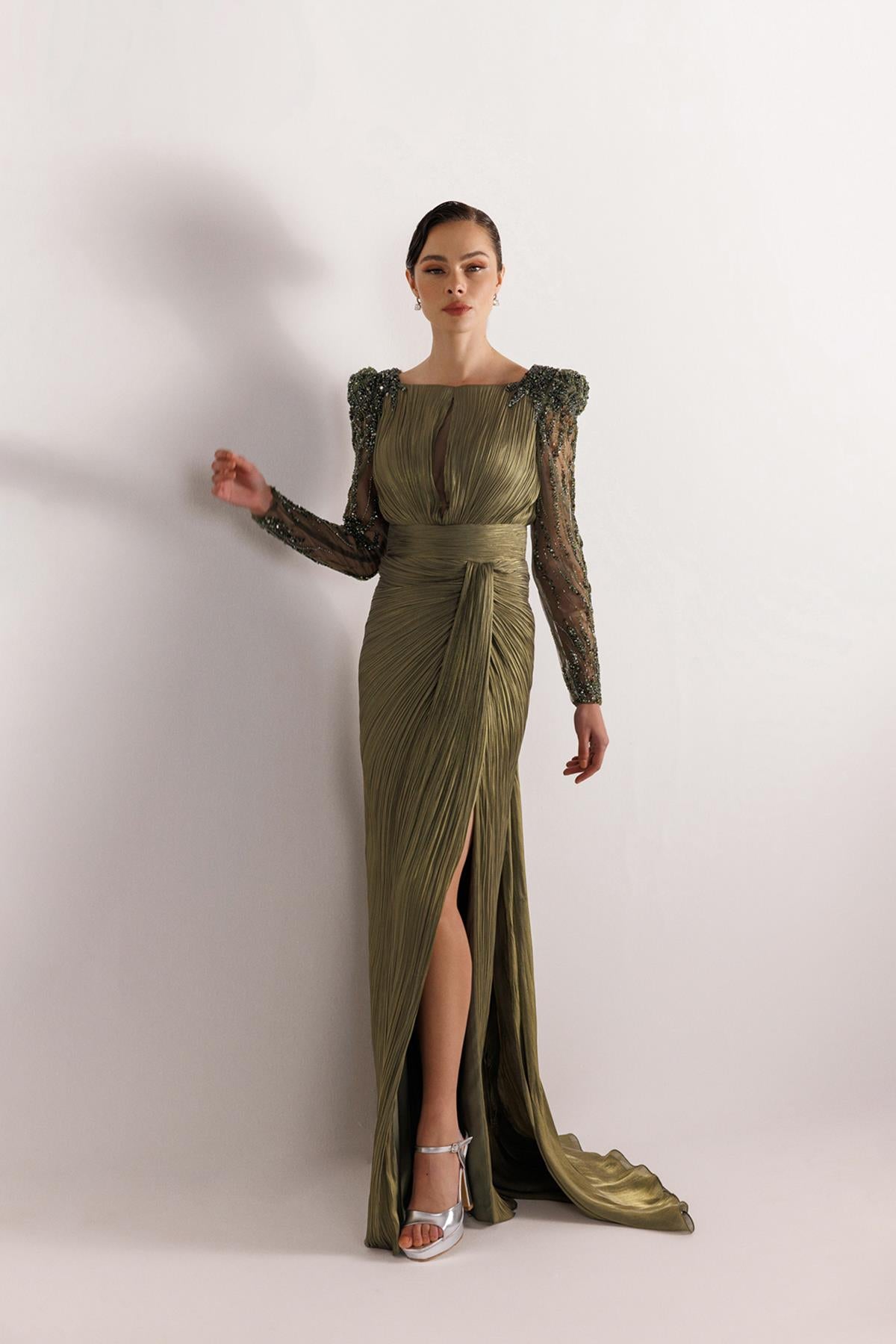 Shoulder and Sleeve Beaded Evening Dress