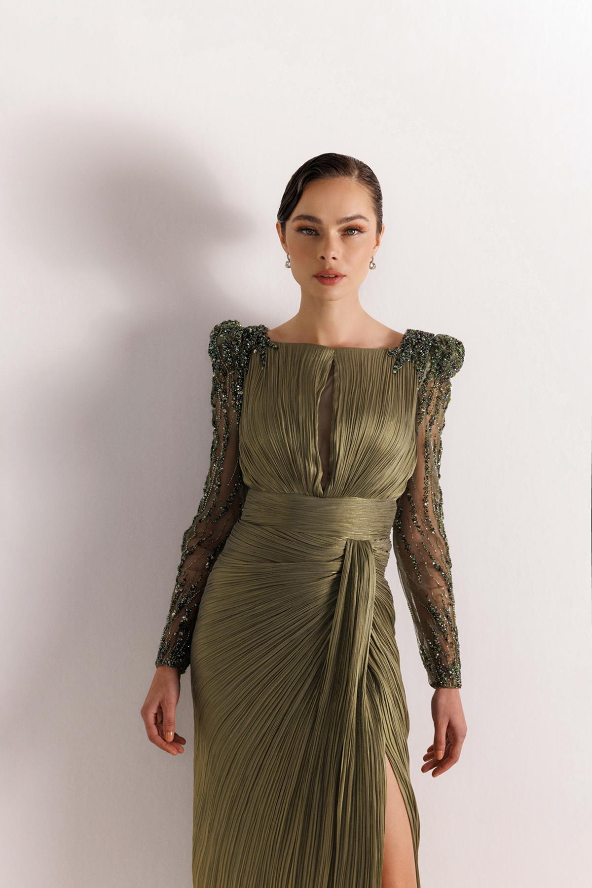 Shoulder and Sleeve Beaded Evening Dress