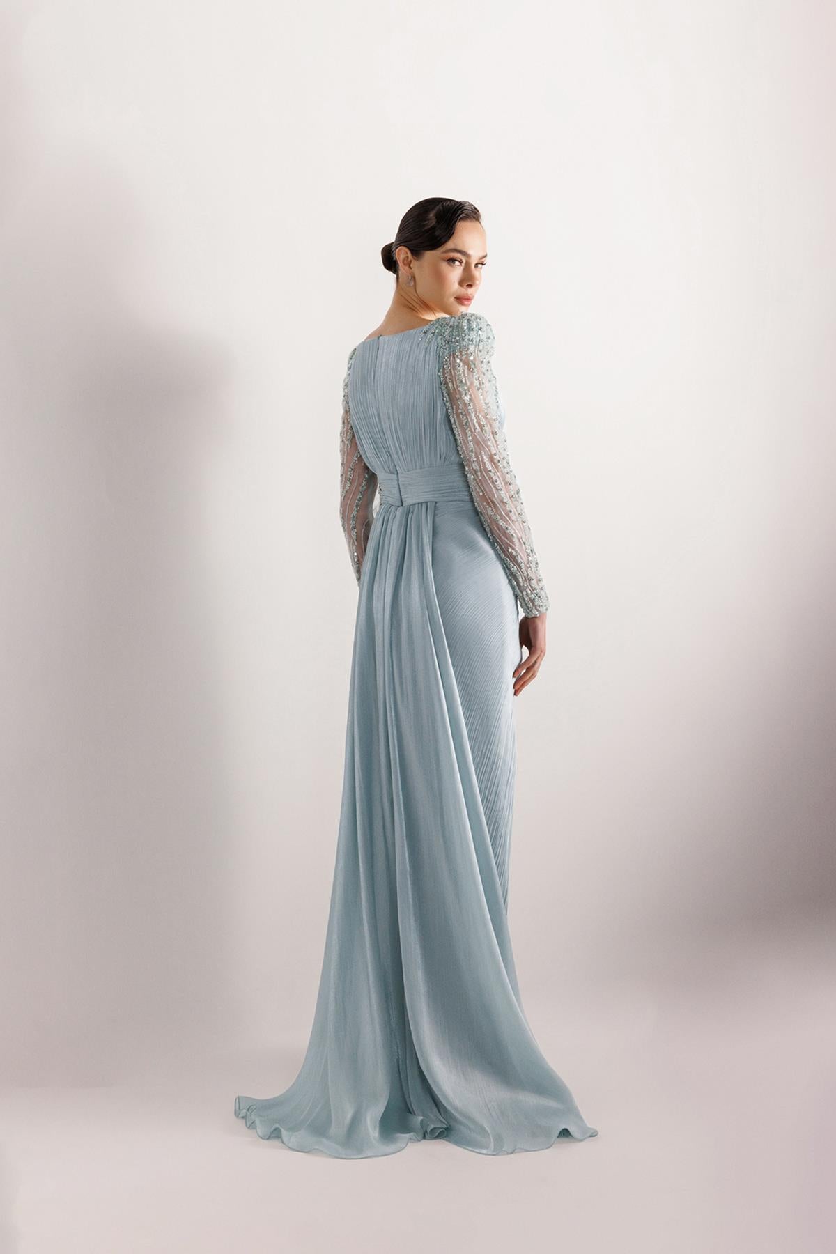 Shoulder and Sleeve Beaded Evening Dress