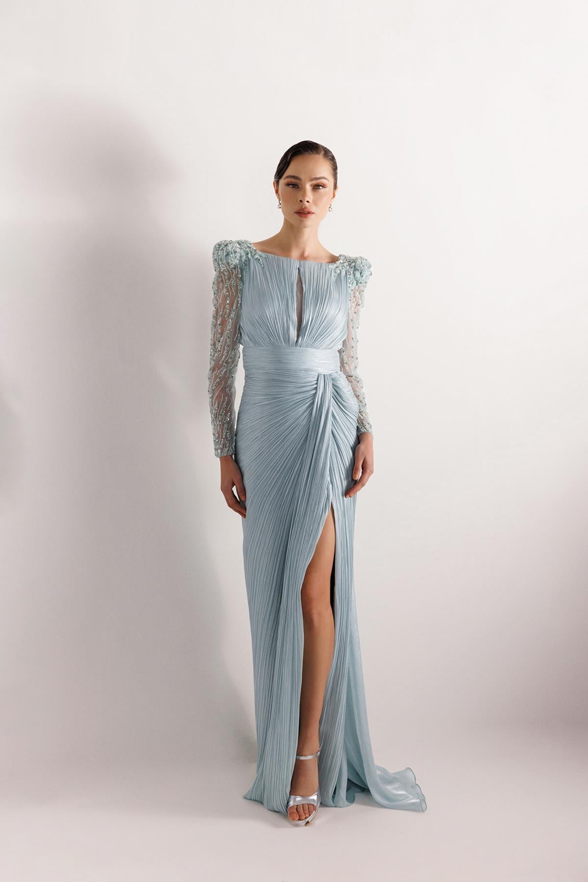 Shoulder and Sleeve Beaded Evening Dress