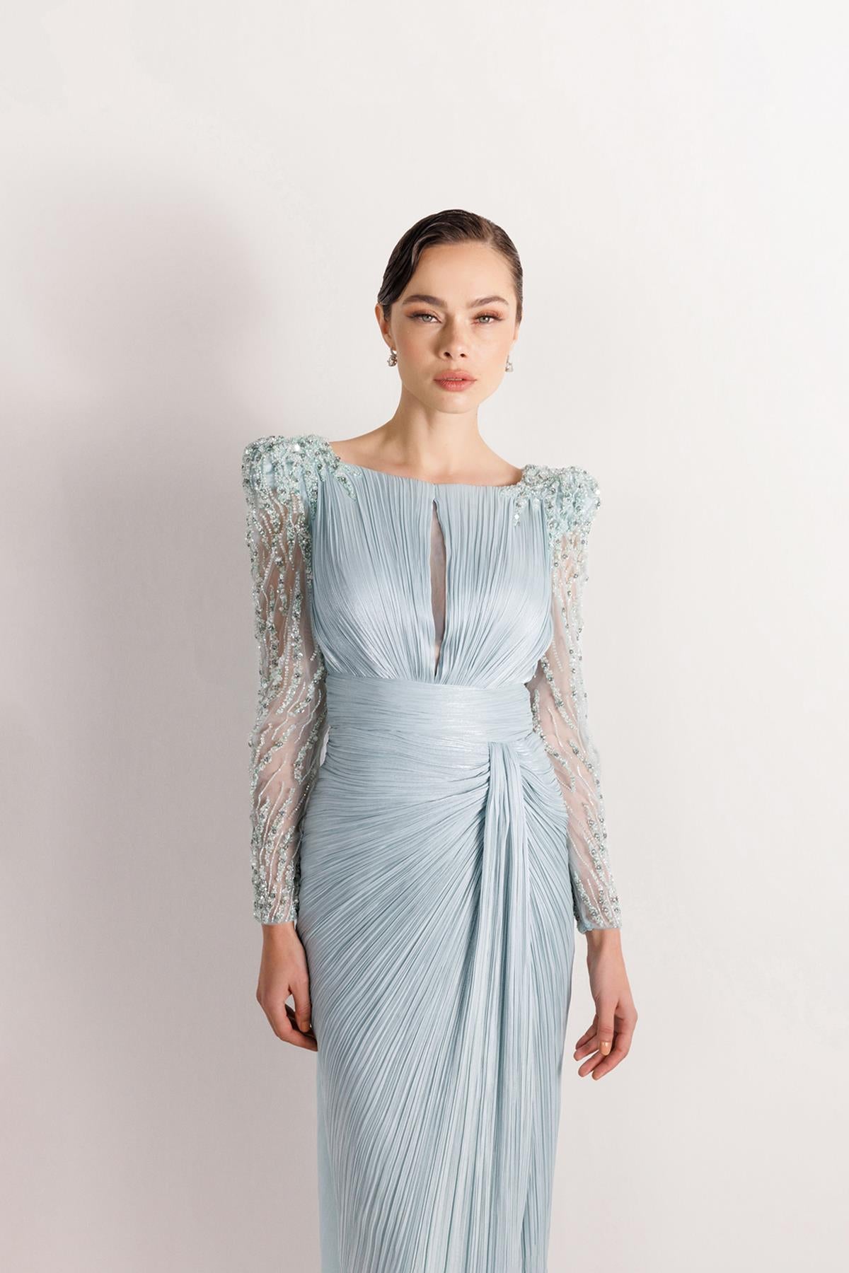 Shoulder and Sleeve Beaded Evening Dress
