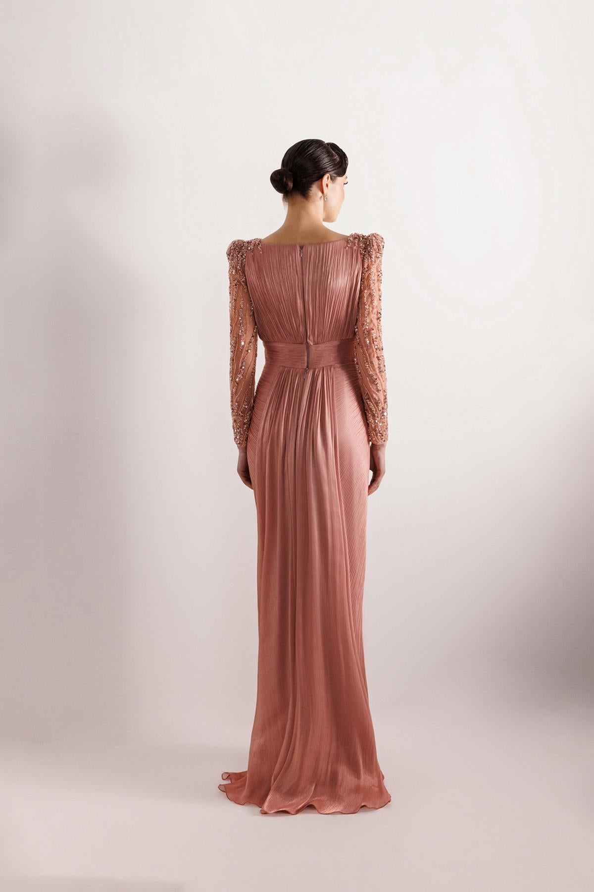 Shoulder and Sleeve Beaded Plus Size Evening Dress