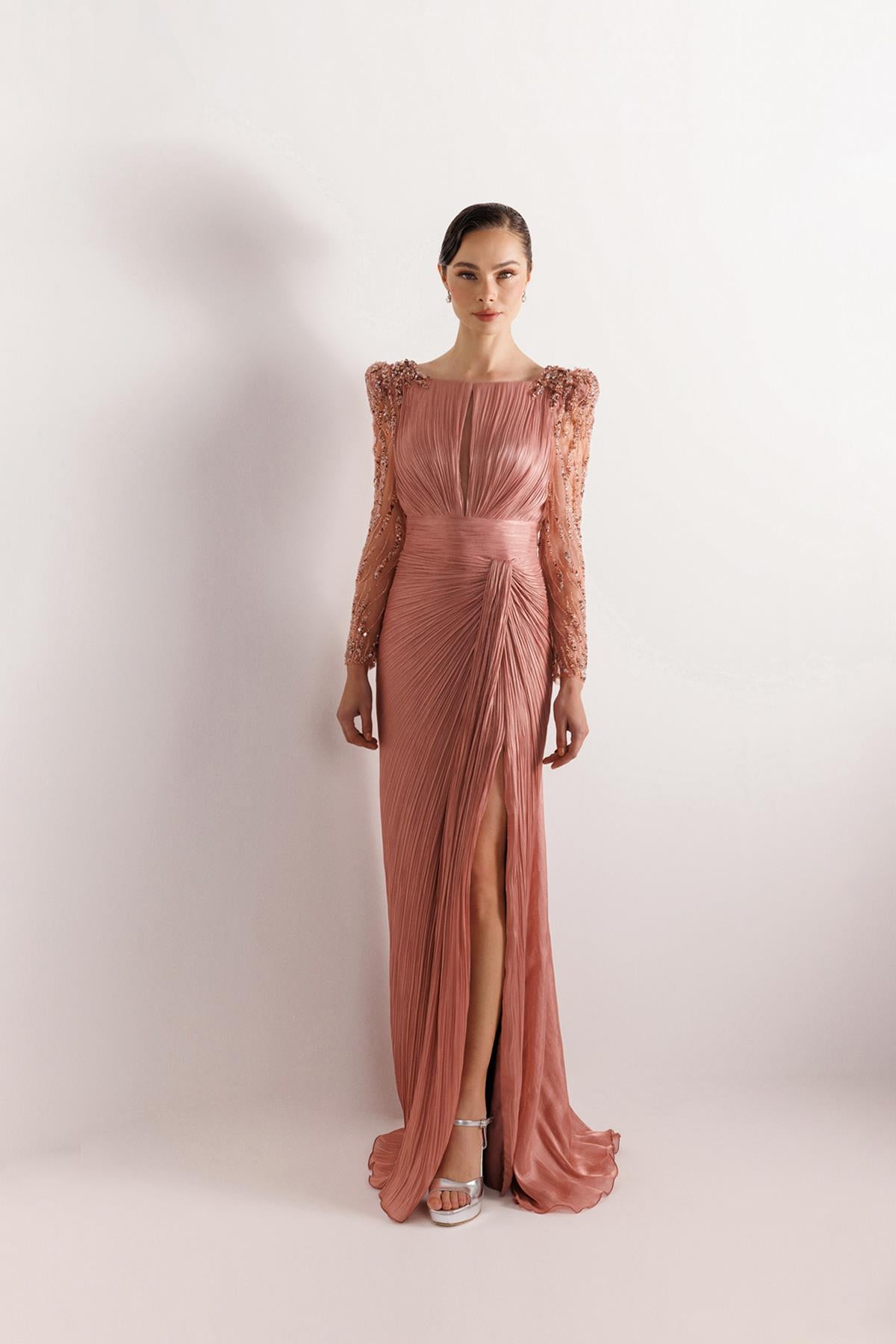 Shoulder and Sleeve Beaded Plus Size Evening Dress