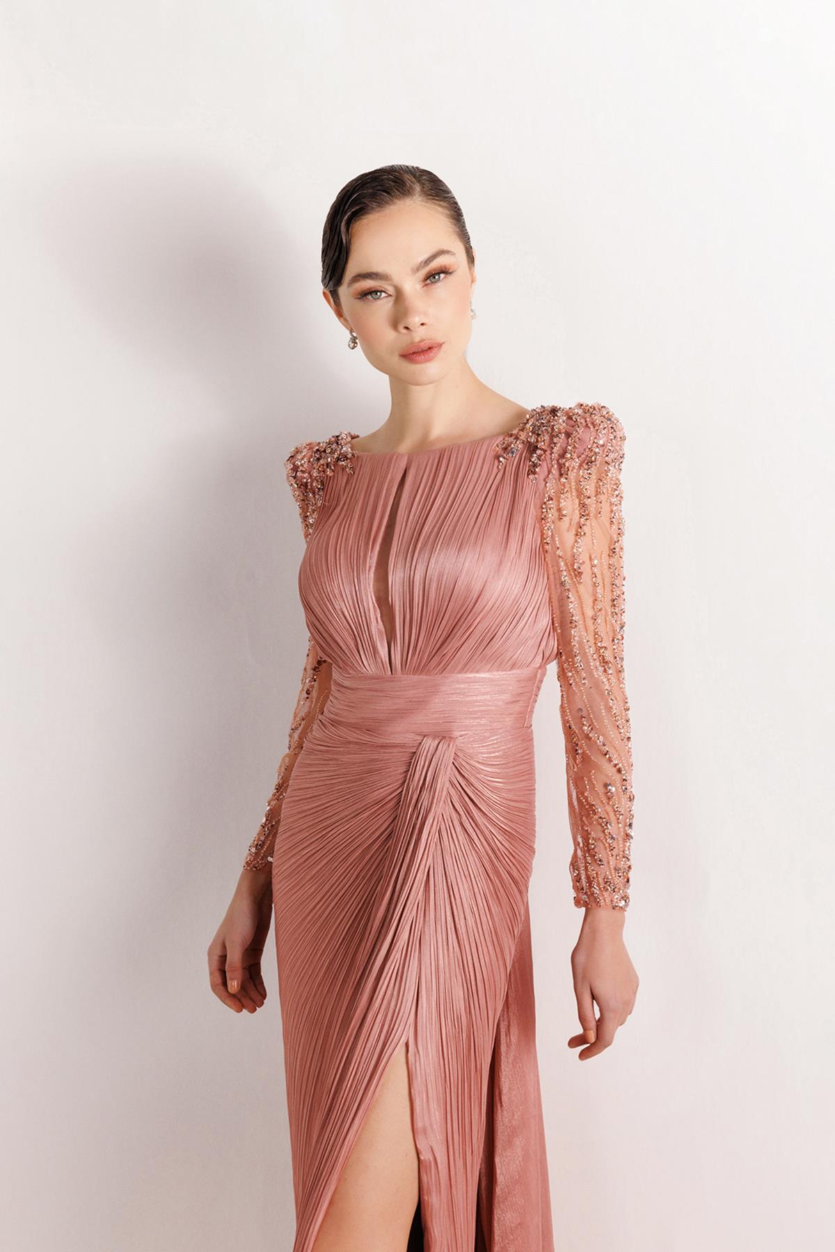 Shoulder and Sleeve Beaded Plus Size Evening Dress