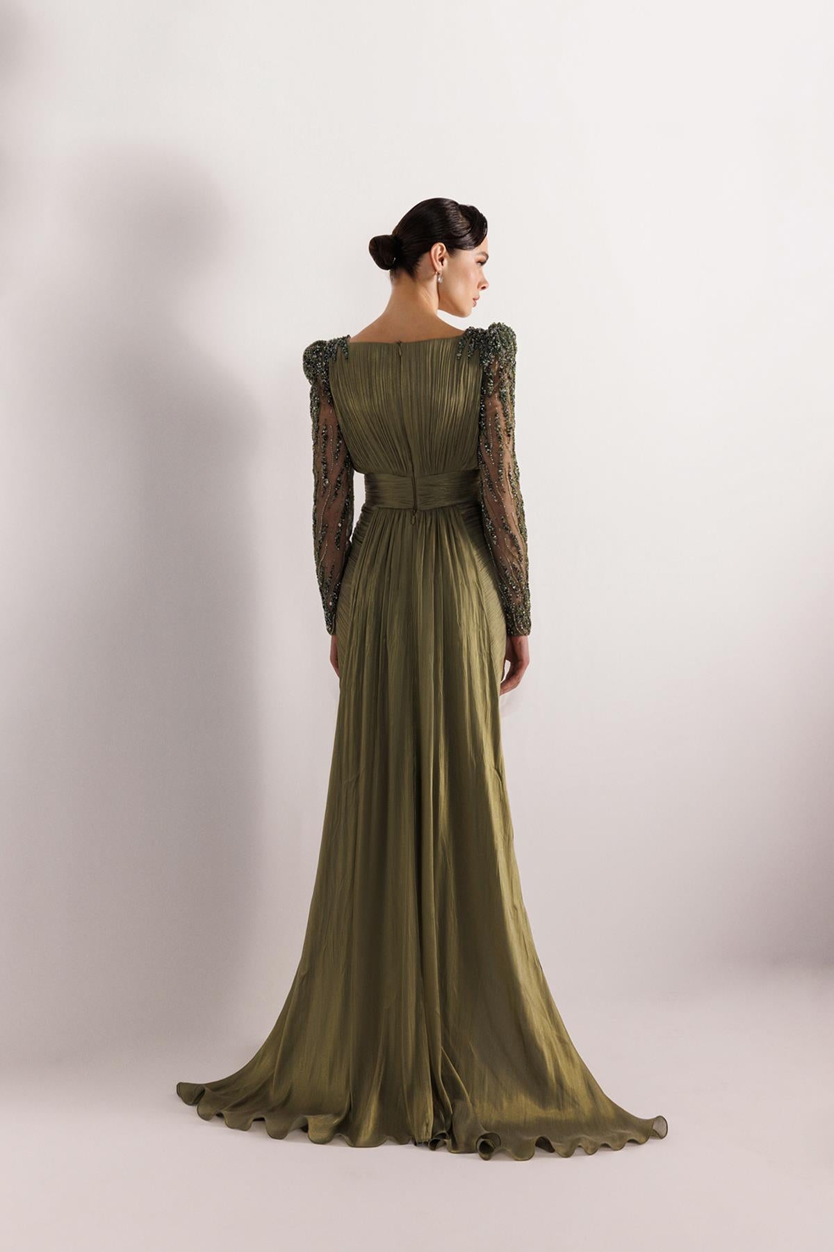 Shoulder and Sleeve Beaded Plus Size Evening Dress