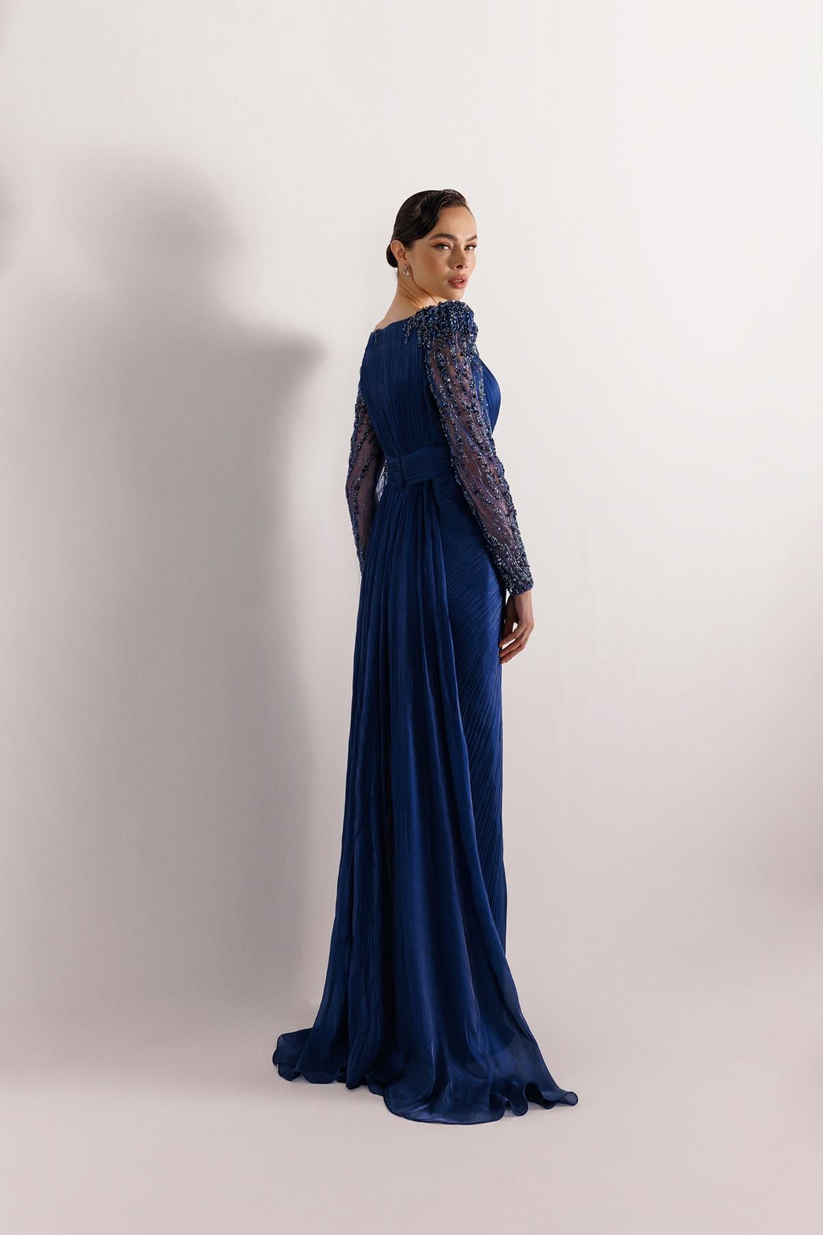 Shoulder and Sleeve Beaded Plus Size Evening Dress