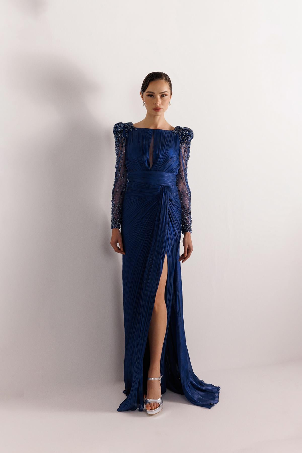 Shoulder and Sleeve Beaded Plus Size Evening Dress