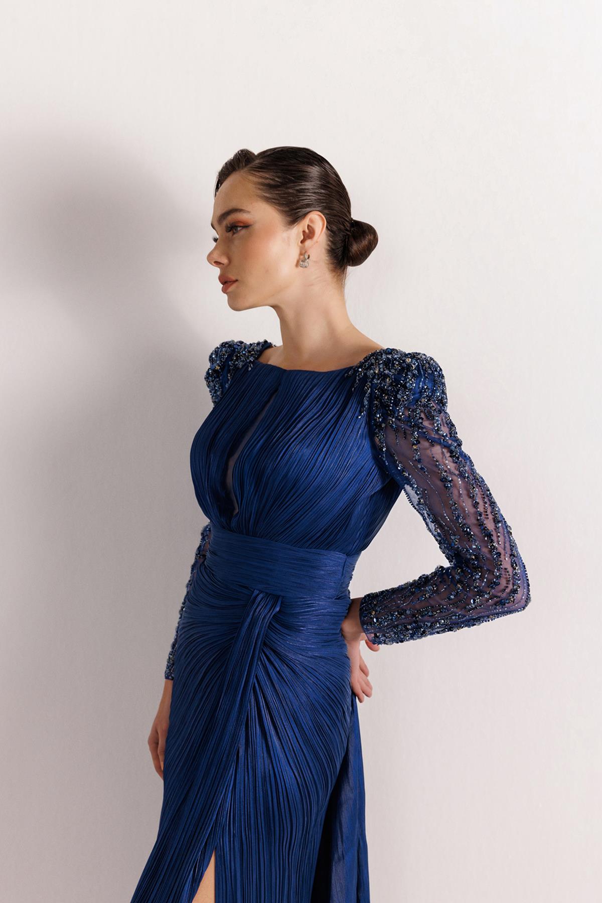 Shoulder and Sleeve Beaded Plus Size Evening Dress